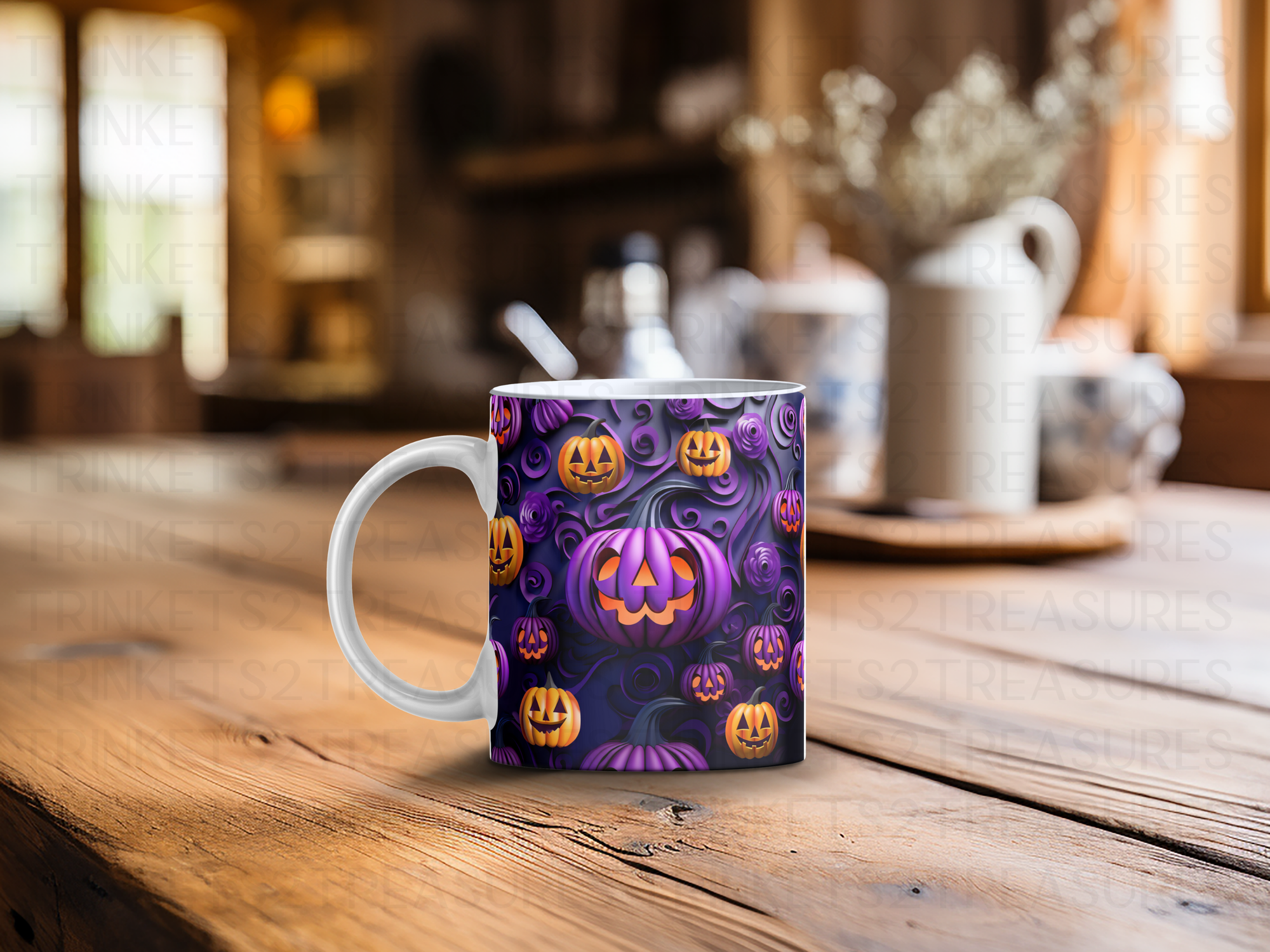 Personalized Ceramic Mug and Matching Coaster Set/11 oz or 15 oz Coffee Mug/Purple Halloween #142