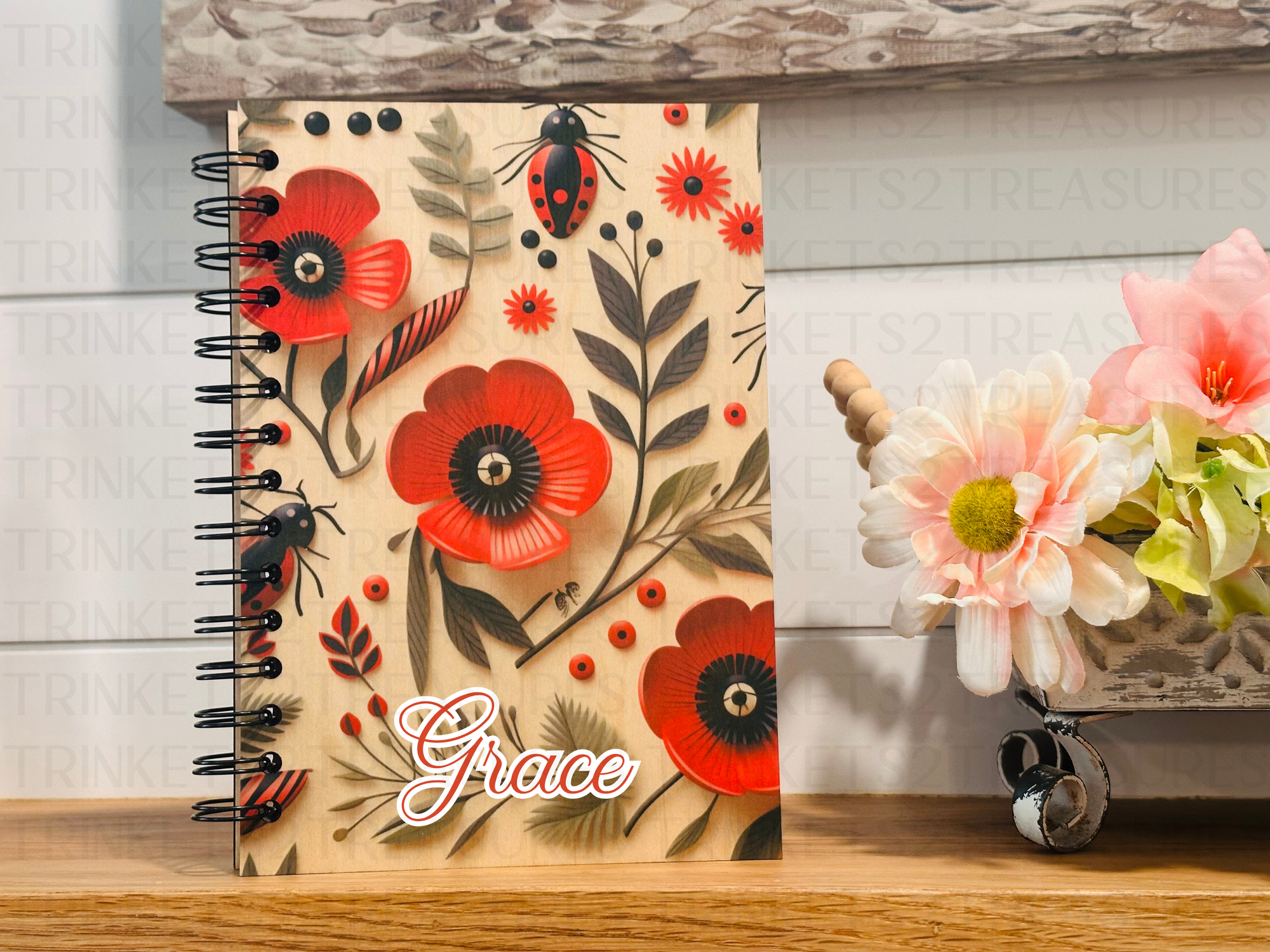 Personalized Ladybug Wood Cover Notebook #1000