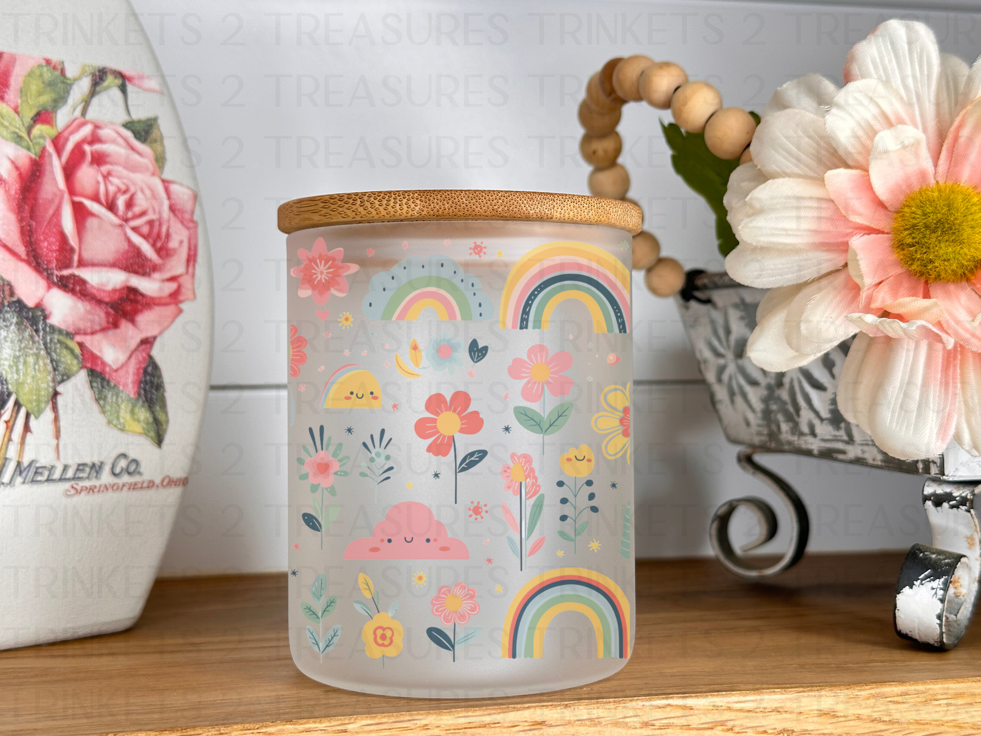 10 oz Frosted Candle Jars with Bamboo Lid/Multi-Purpose Jar/Flowers & Rainbows/#533