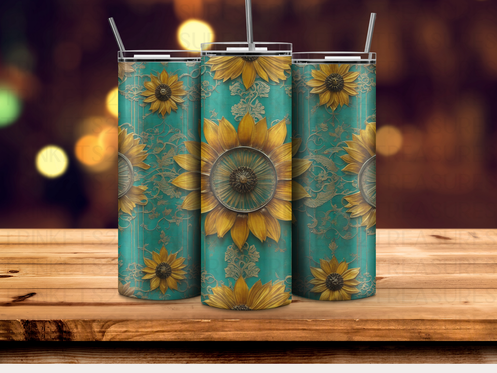 Personalized 20 oz Stainless Steel Tumbler with Metal Straw and Teal & Sunflowers #326