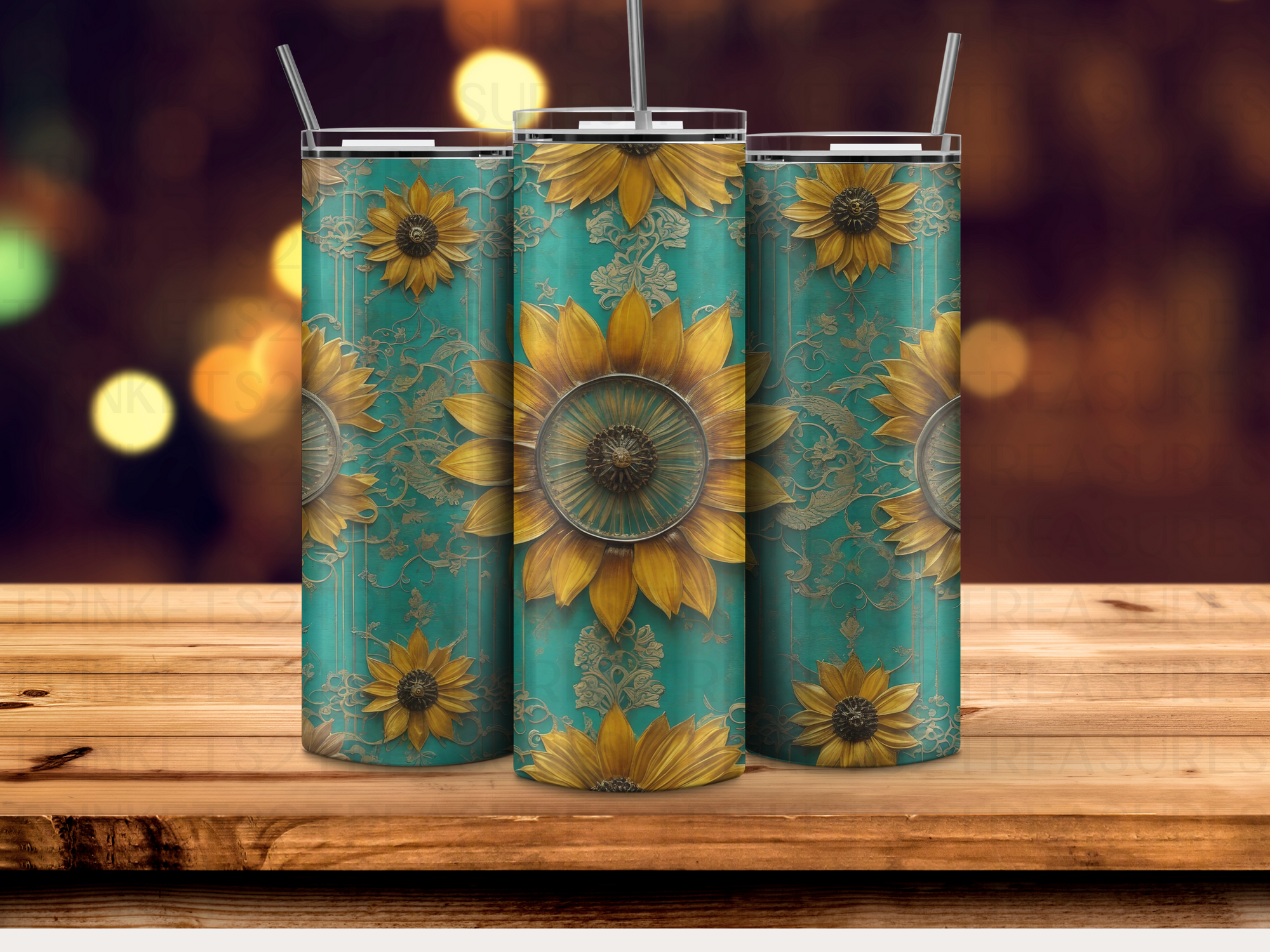 Personalized 20 oz Stainless Steel Tumbler with Metal Straw and Teal & Sunflowers #326