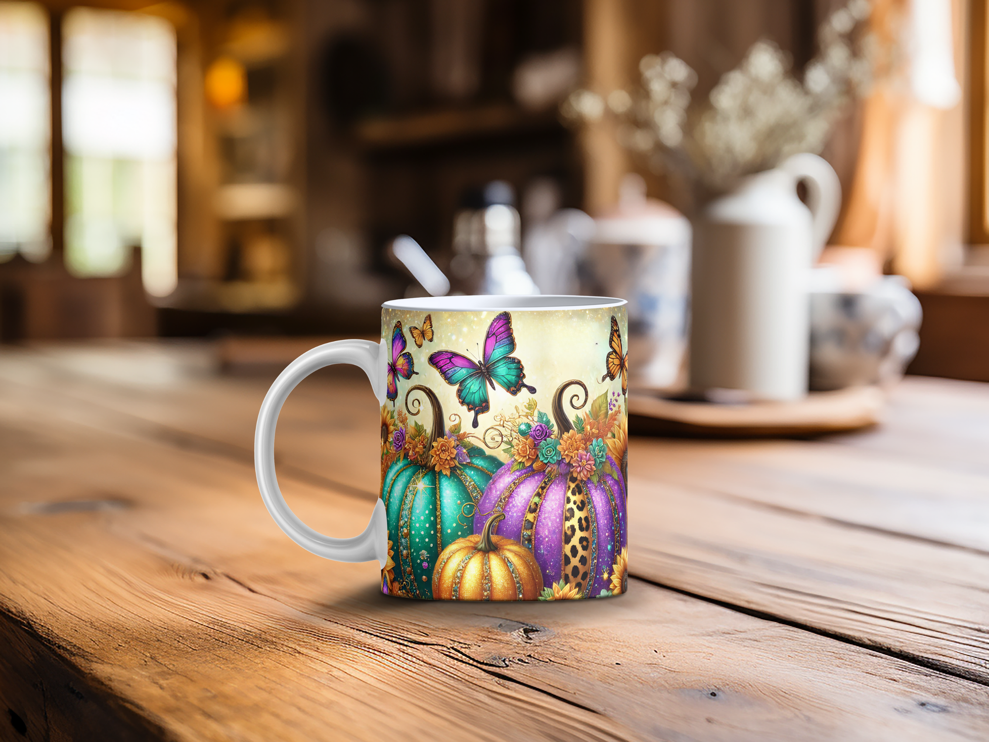 Personalized Ceramic Mug and Matching Coaster Set/11 oz or 15 oz Coffee Mug/Glittery Pumpkins #140