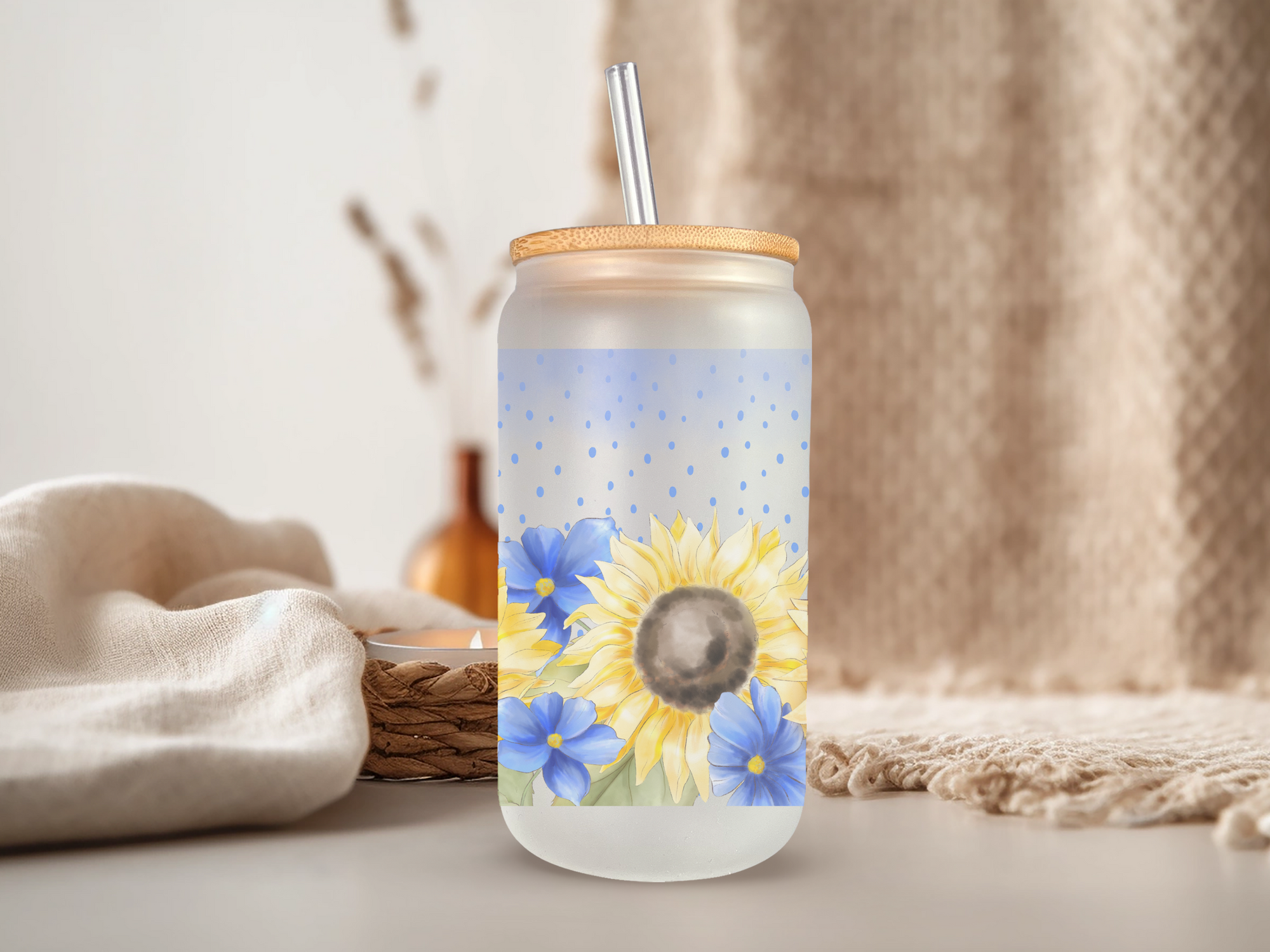 18oz Personalized  Frosted Glass Tumbler with Sunflowers & Blue Flowers #225