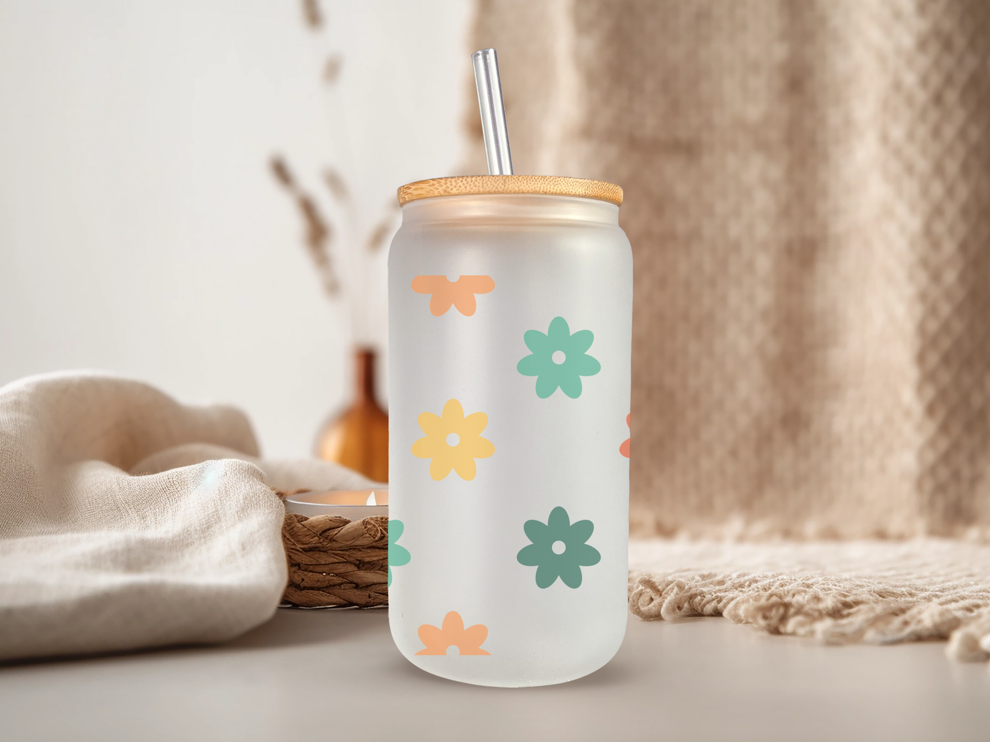 18oz Personalized  Frosted Glass Tumbler with Yellow & Green Daisies #227