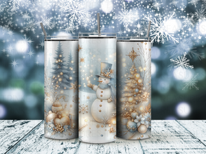 Personalized 20 oz Stainless Steel Tumbler with Metal Straw and Golden Snowman Design #343