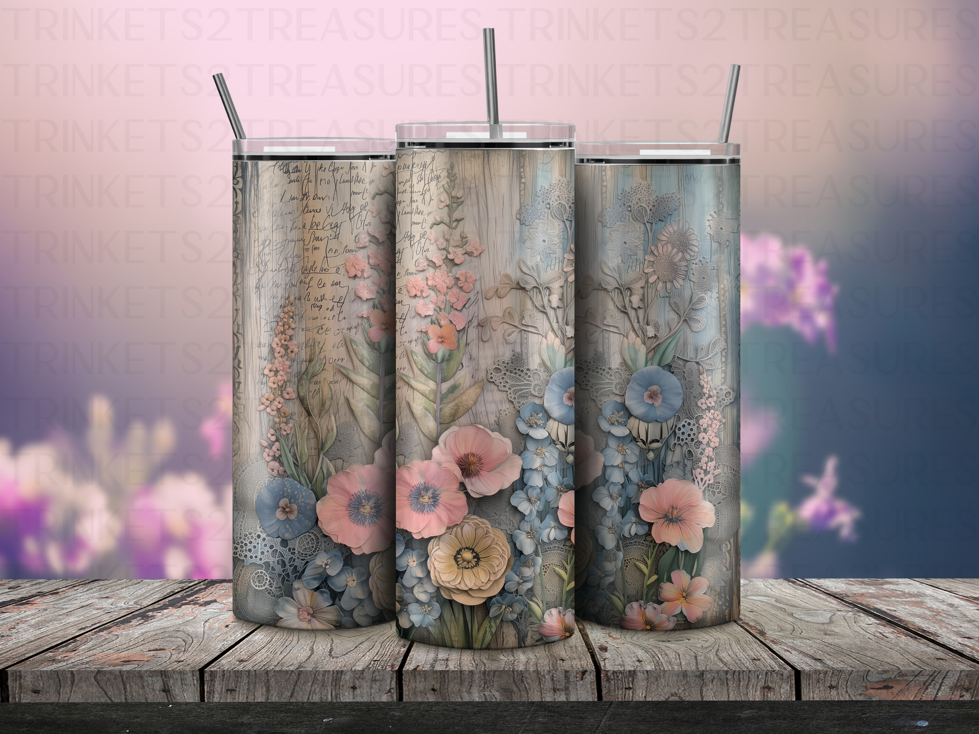 Personalized 20 oz Stainless Steel Tumbler with Metal Straw and Blue & Pink Paper Flowers Design #329