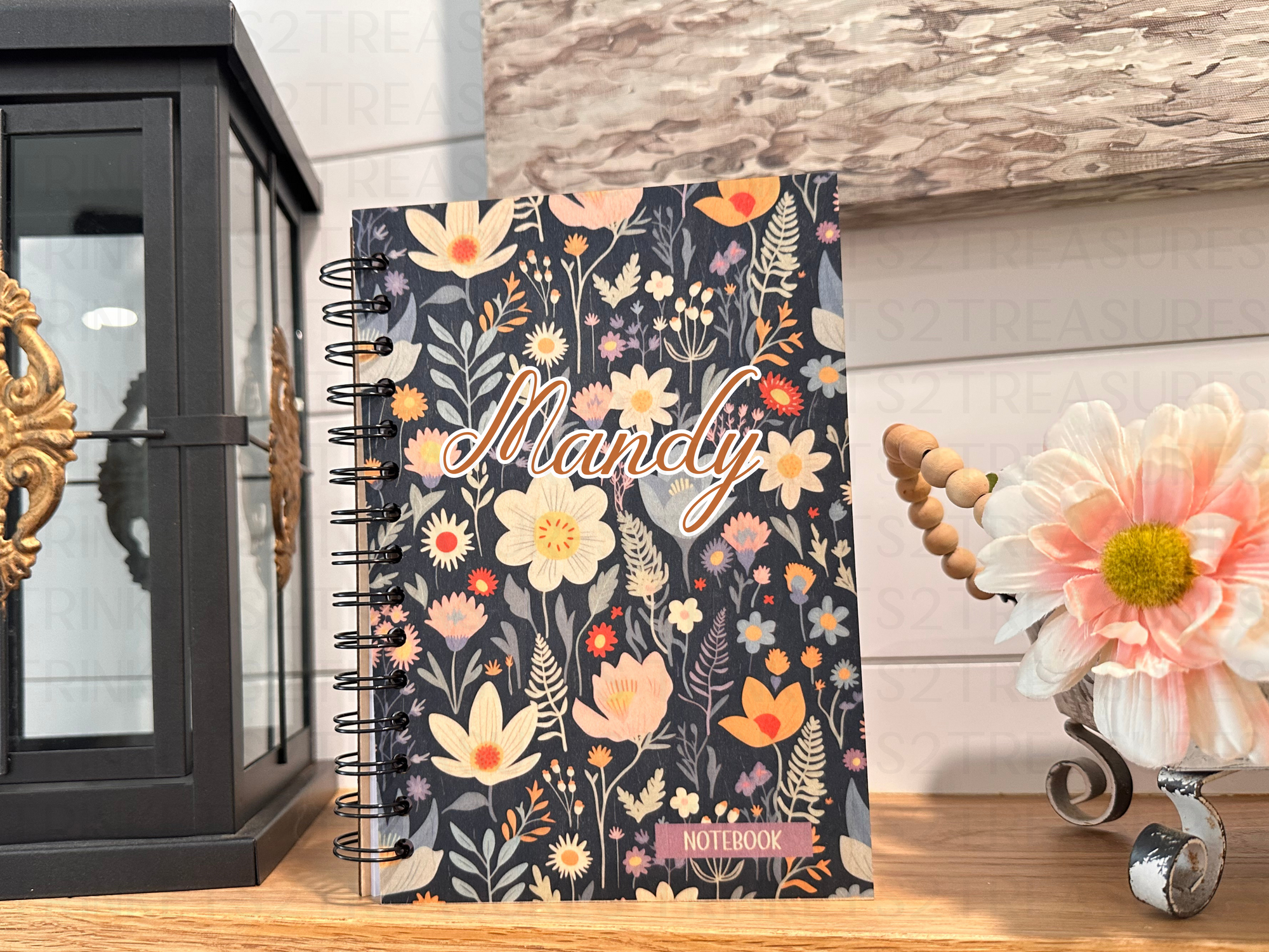 Personalized Midnight Flowers Wood Notebook #1013