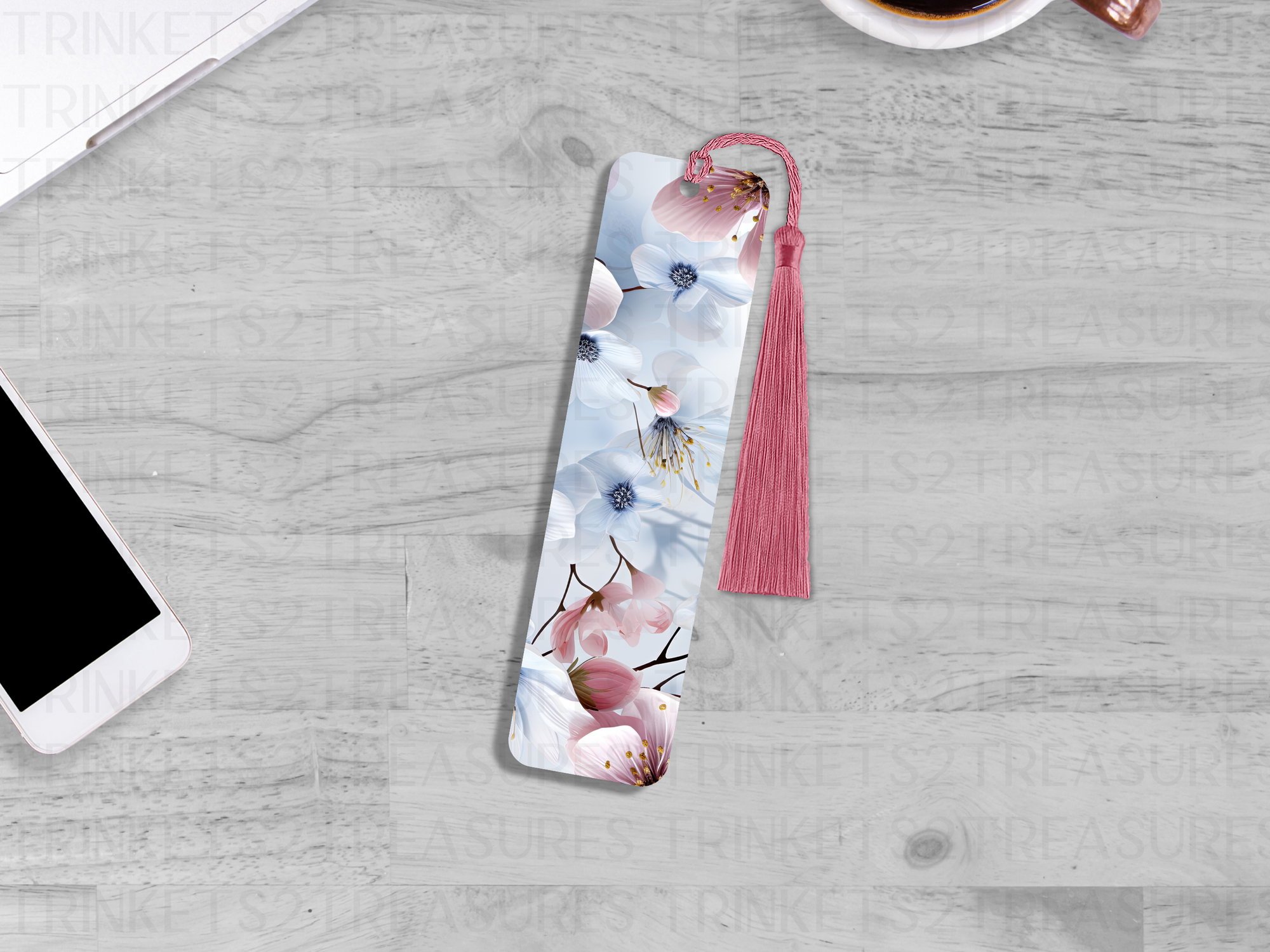 Bookmark and Tassel with Double Sided Sublimation Pink Blossoms #930