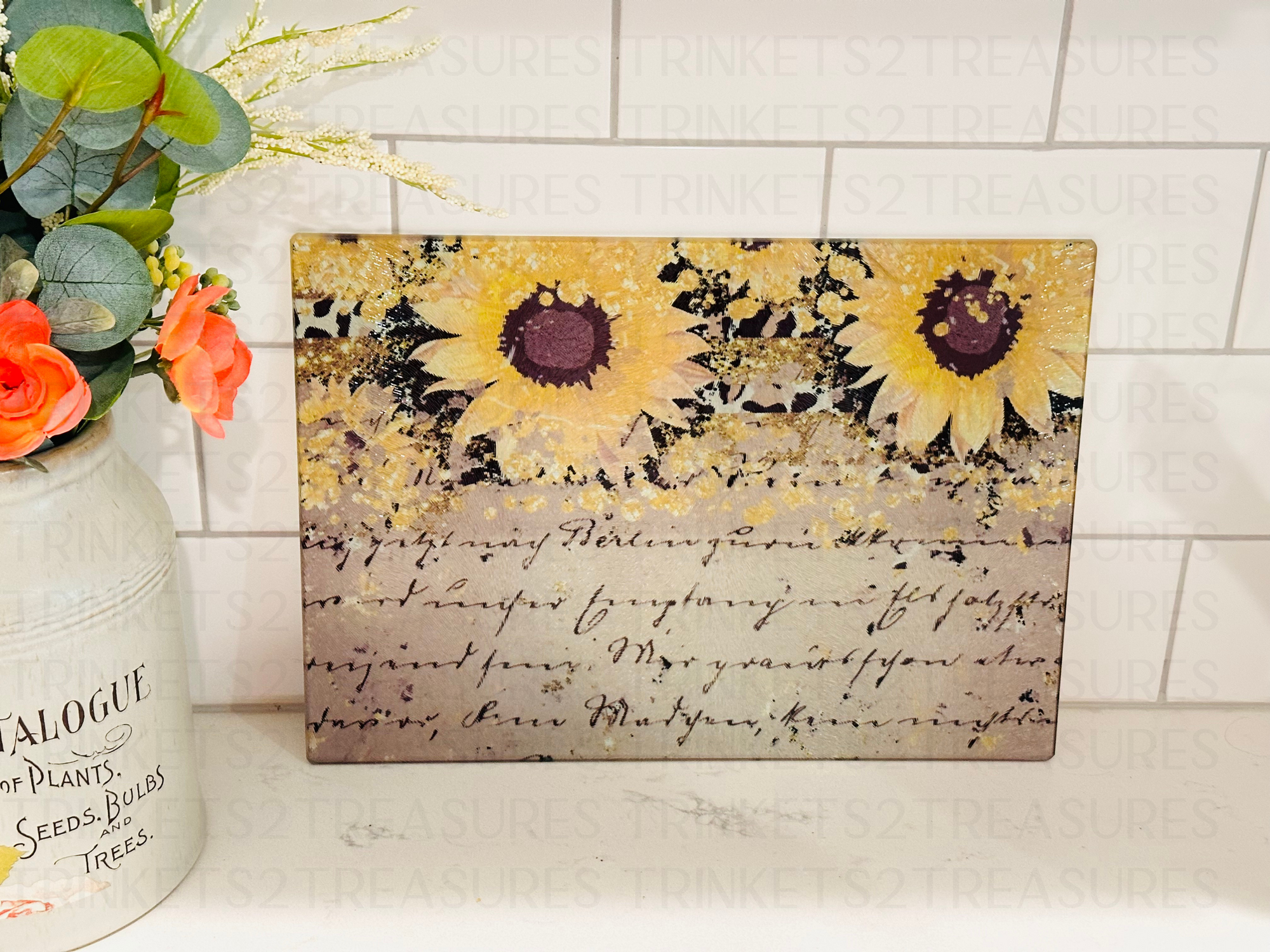 Personalized 8" x 11" Textured & Tempered Glass Cutting Board/Sunflower Script/#608