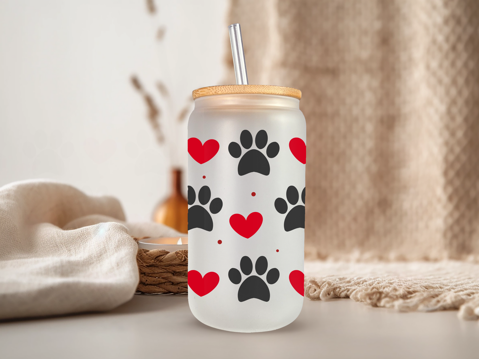 18oz Personalized  Frosted Glass Tumbler with Dog Paws & Hearts #222