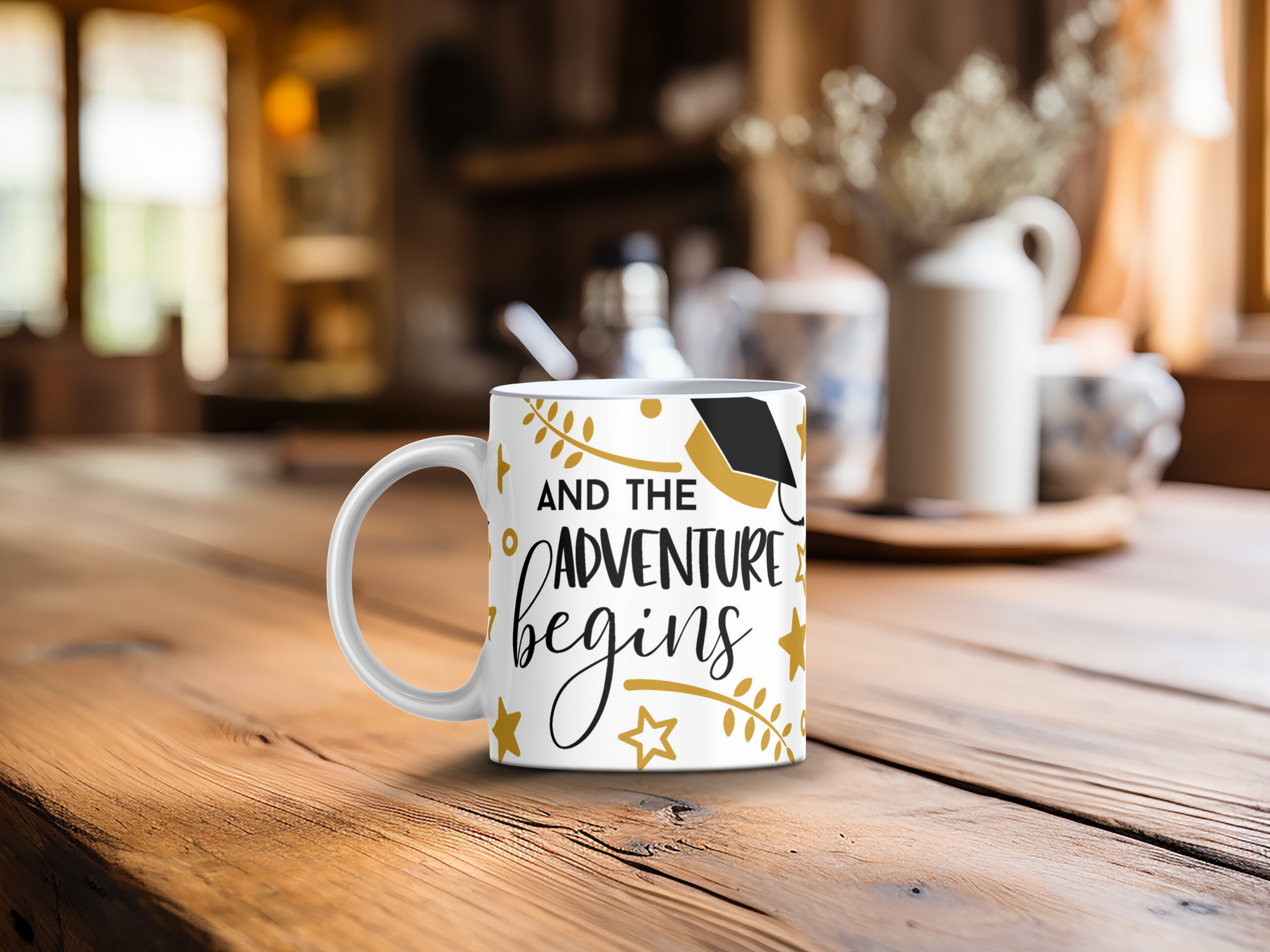 Personalized Ceramic Mug and Matching Coaster Set/11 oz or 15 oz Coffee Mug/And The Adventure Begins #124