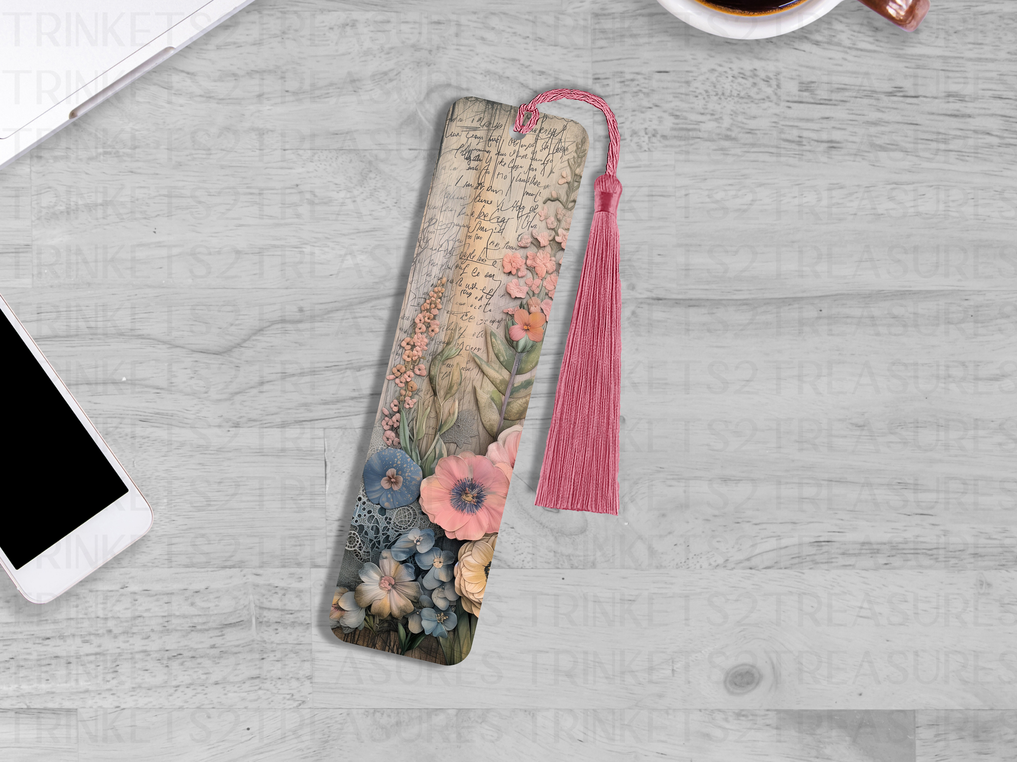 Bookmark and Tassel with Double Sided Sublimation Pink & Blue Paper Flowers #904