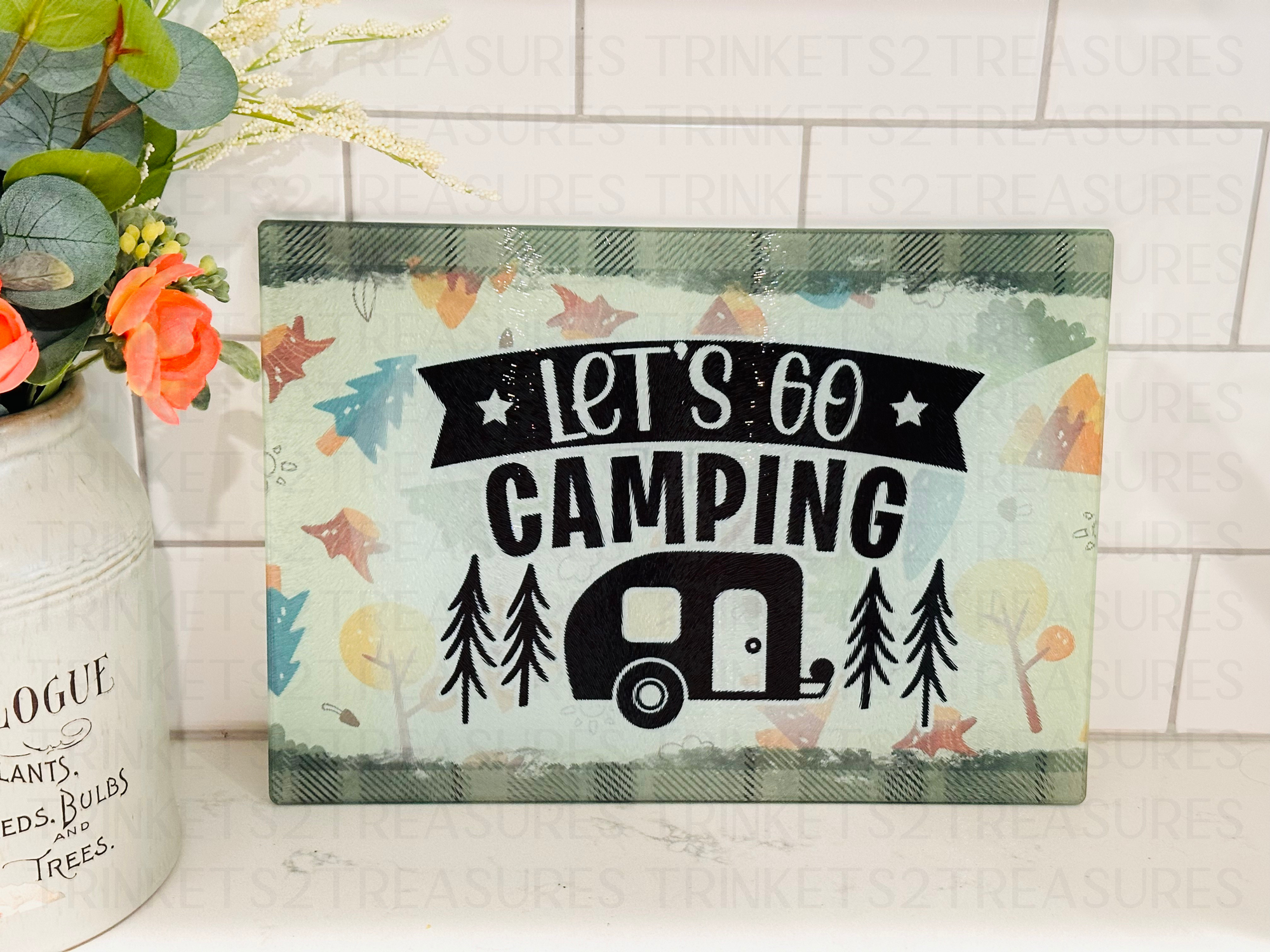 Personalized 8" x 11" Textured & Tempered Glass Cutting Board/Let's Go Camping/#611