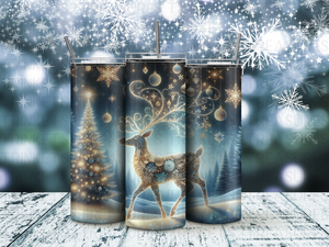 Personalized 20 oz Stainless Steel Tumbler with Metal Straw and Golden Reindeer Design #342