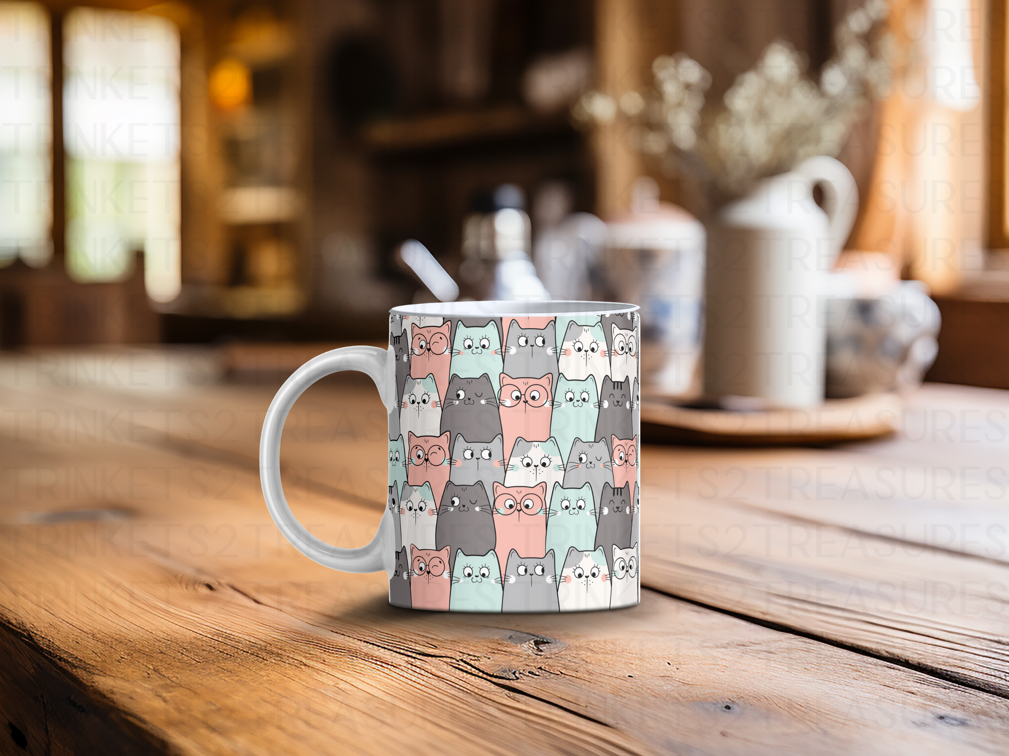 Personalized Ceramic Mug and Matching Coaster Set/11 oz or 15 oz Coffee Mug/Cartoon Cats Design #126