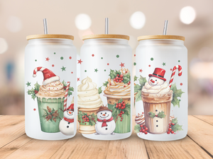 18oz Personalized  Frosted Glass Tumbler with Snowman Mocha #230