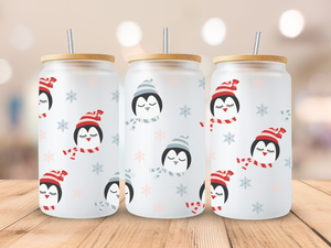 18oz Personalized  Frosted Glass Tumbler with Winter Penguins #232