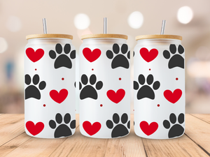 18oz Personalized  Frosted Glass Tumbler with Dog Paws & Hearts #222