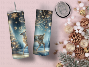 Personalized 20 oz Stainless Steel Tumbler with Metal Straw and Golden Reindeer Design #342