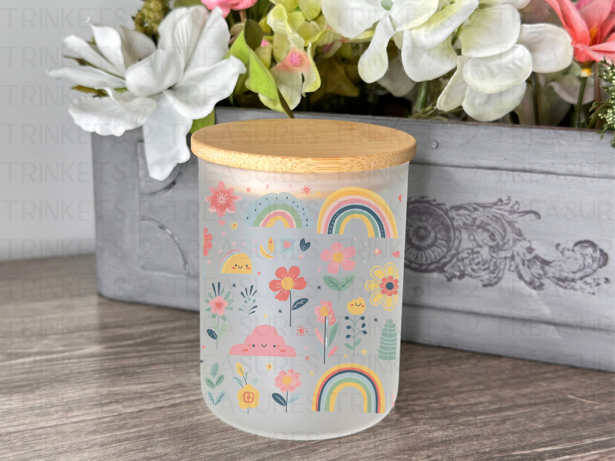 10 oz Frosted Candle Jars with Bamboo Lid/Multi-Purpose Jar/Flowers & Rainbows/#533