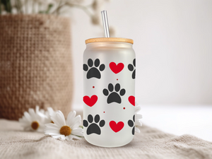 18oz Personalized  Frosted Glass Tumbler with Dog Paws & Hearts #222