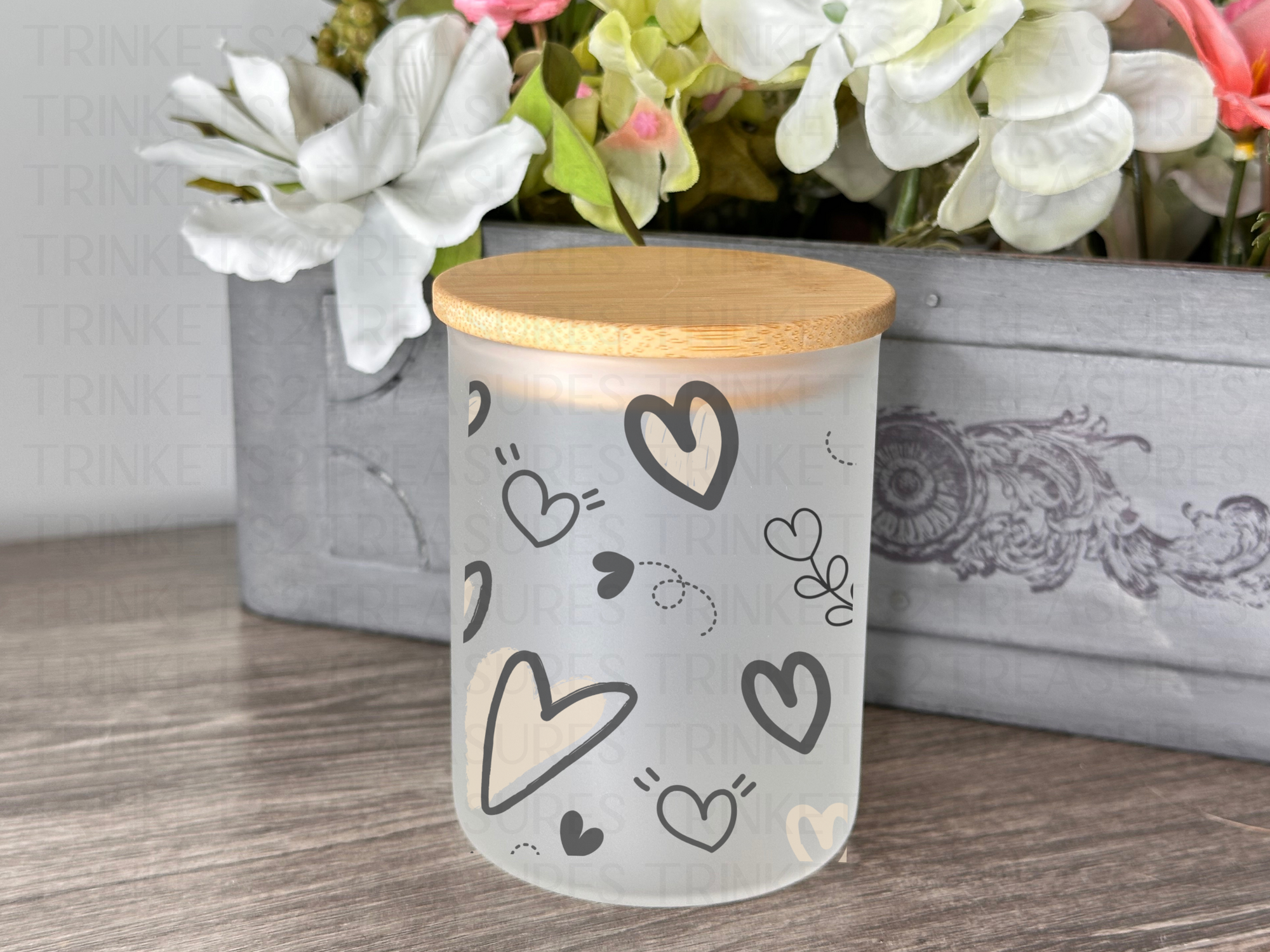 10 oz Frosted Candle Jars with Bamboo Lid/Multi-Purpose Jar/Hearts/#504