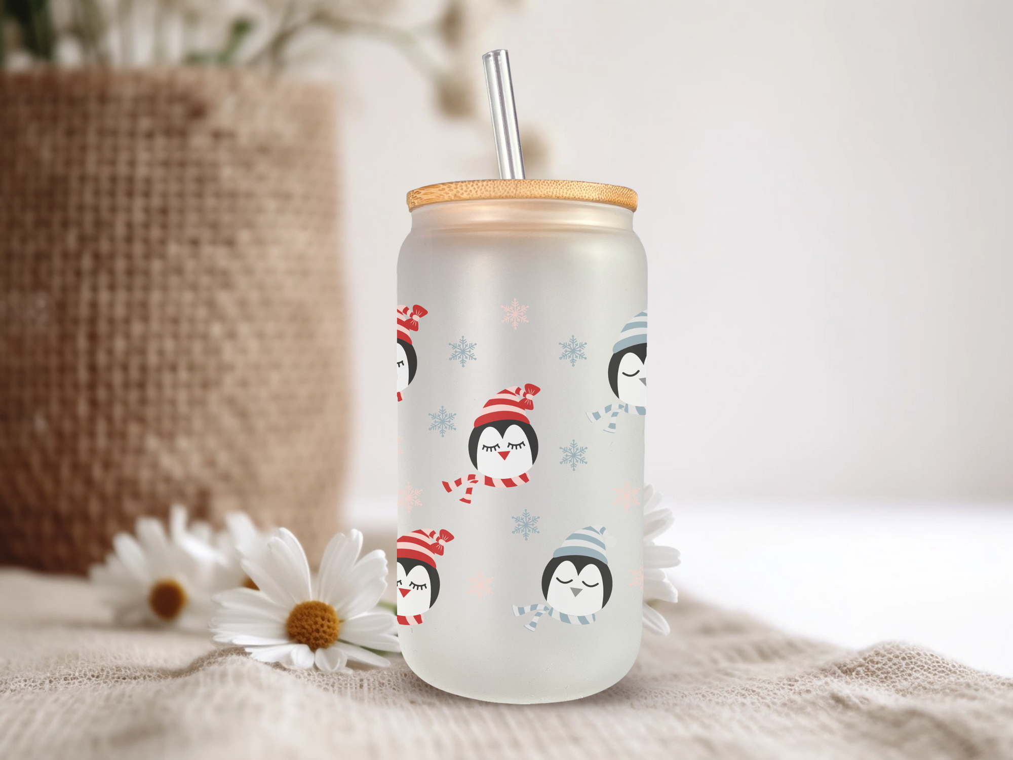 18oz Personalized  Frosted Glass Tumbler with Winter Penguins #232