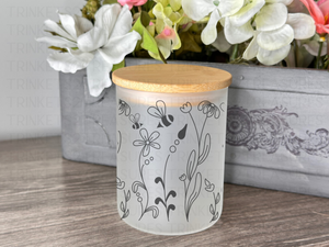 10 oz Frosted Candle Jars with Bamboo Lid/Multi-Purpose Jar/Black Bees & Flowers/#516