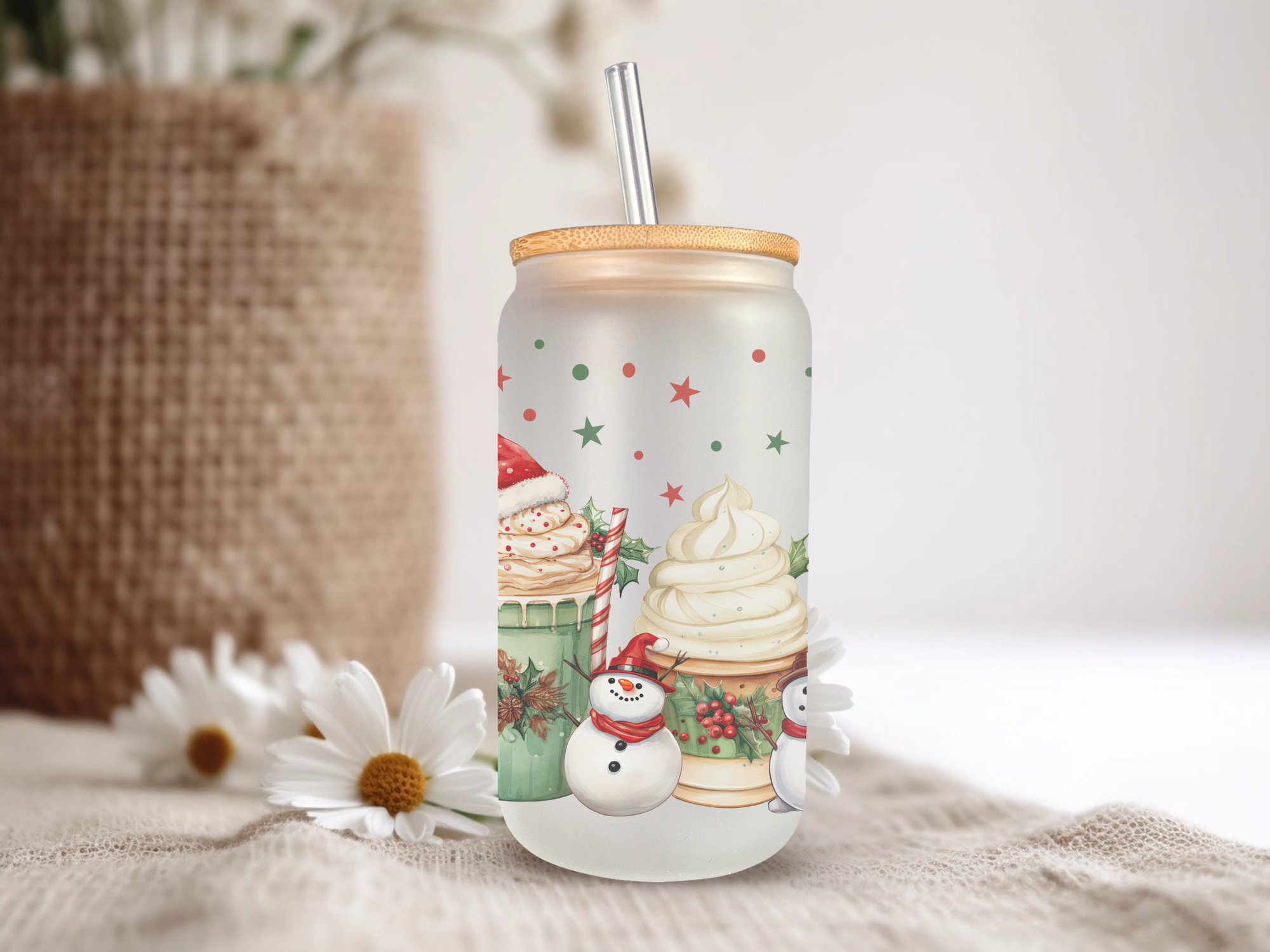 18oz Personalized  Frosted Glass Tumbler with Snowman Mocha #230