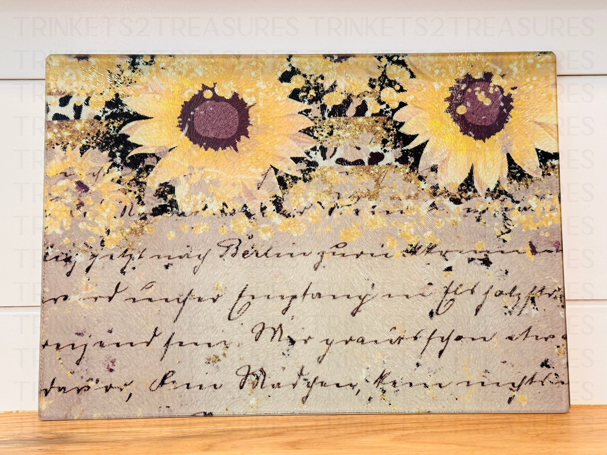 Personalized 8" x 11" Textured & Tempered Glass Cutting Board/Sunflower Script/#608