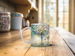 Personalized Ceramic Mug and Matching Coaster Set/11 oz or 15 oz Coffee Mug/Colorful Trees Design #122