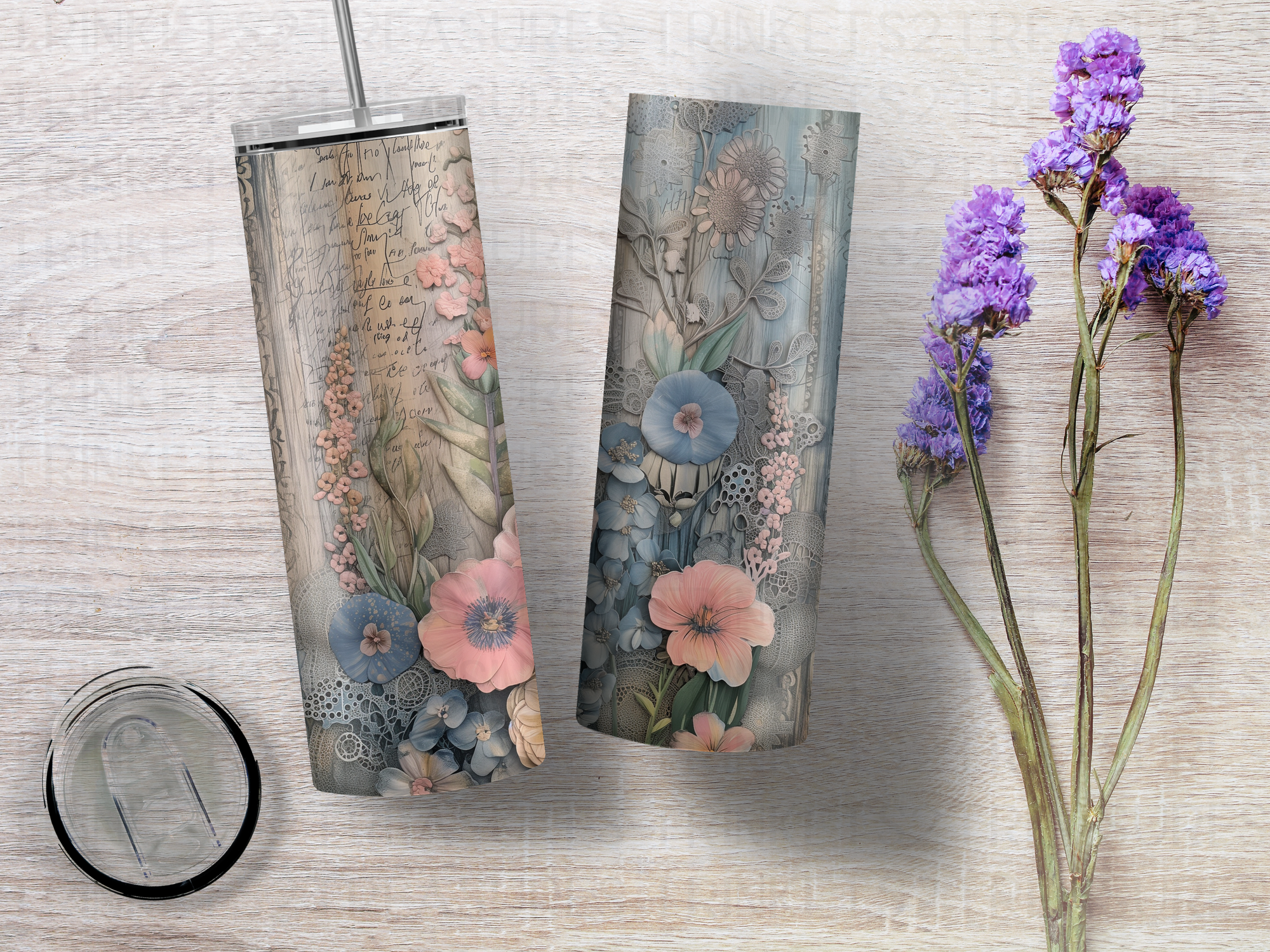 Personalized 20 oz Stainless Steel Tumbler with Metal Straw and Blue & Pink Paper Flowers Design #329