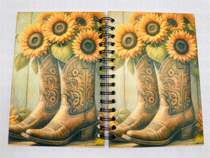 Personalized Sunflower Cowboy Boots Wood Cover Notebook #1008