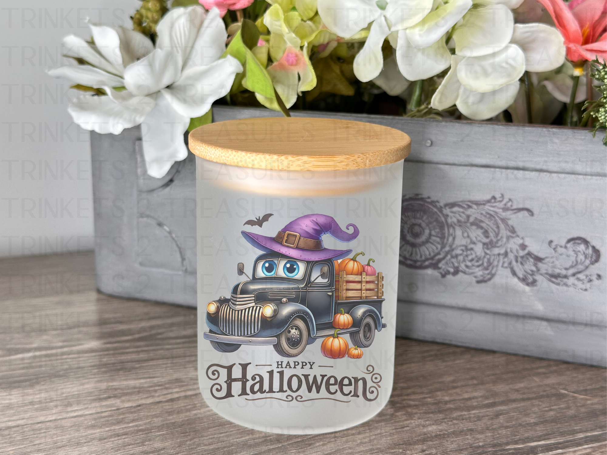 10 oz Frosted Candle Jars with Bamboo Lid/Multi-Purpose Jar/Happy Halloween/#528