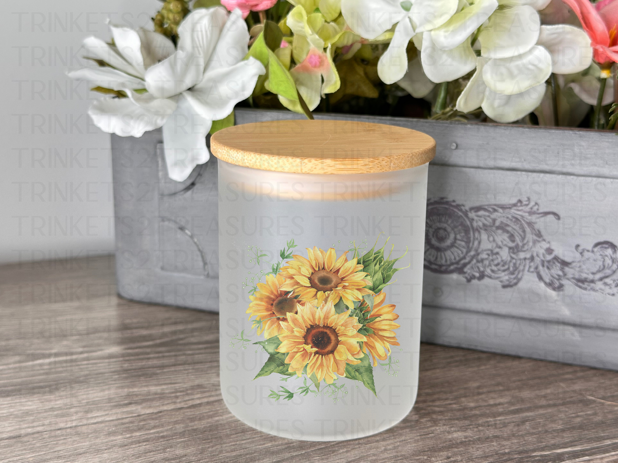 10 oz Frosted Candle Jars with Bamboo Lid/Multi-Purpose Jar/Sunflowers/#509
