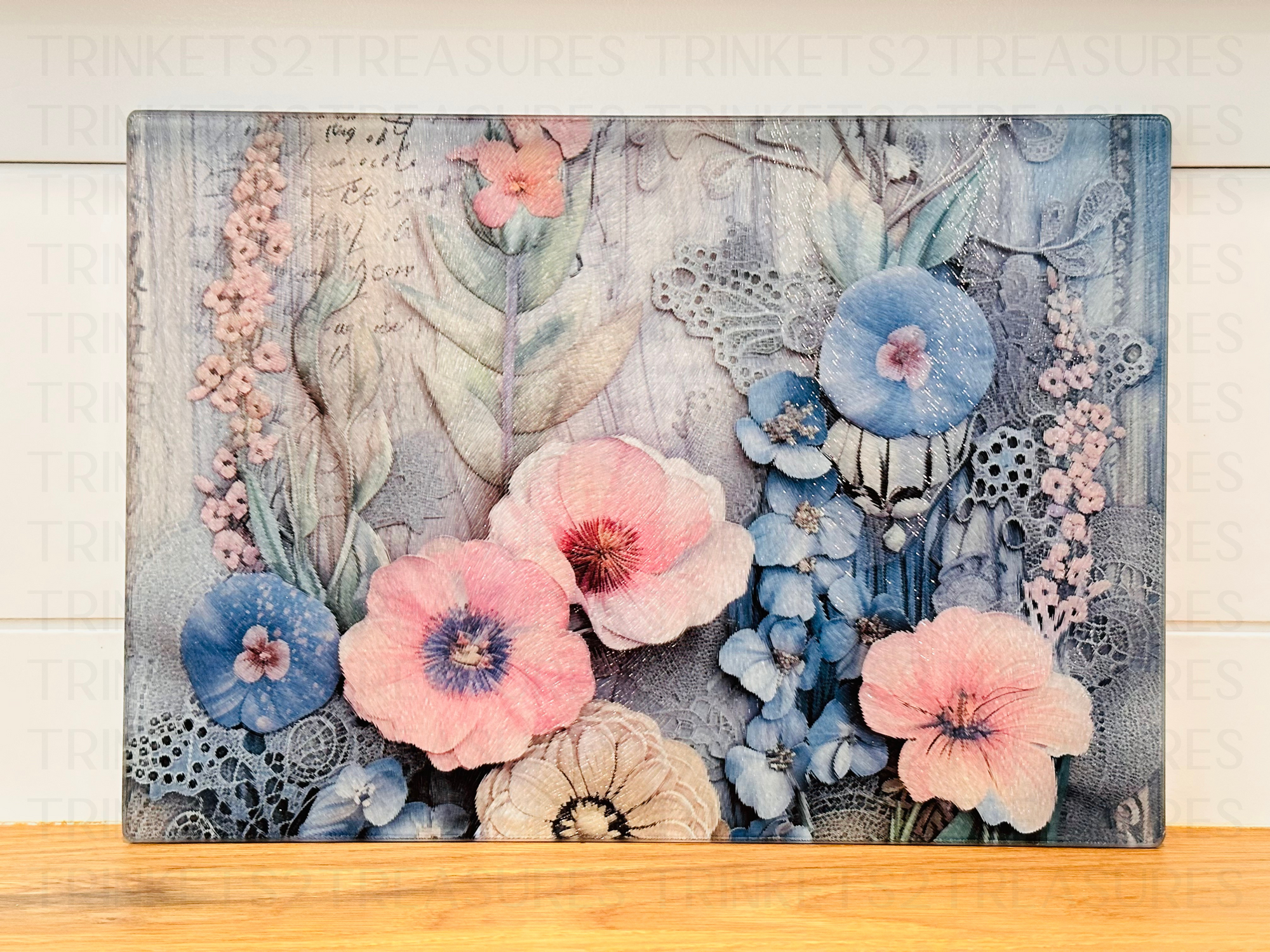 Personalized 8" x 11" Textured & Tempered Glass Cutting Board/Blue & Pink Paper Flowers/#607