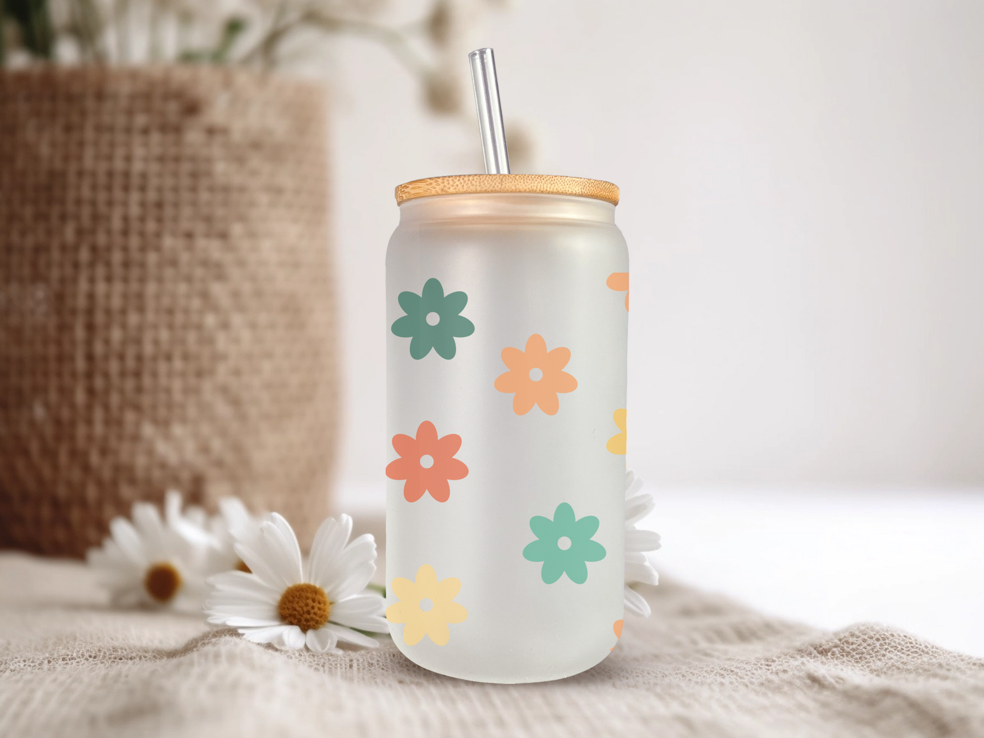 18oz Personalized  Frosted Glass Tumbler with Yellow & Green Daisies #227