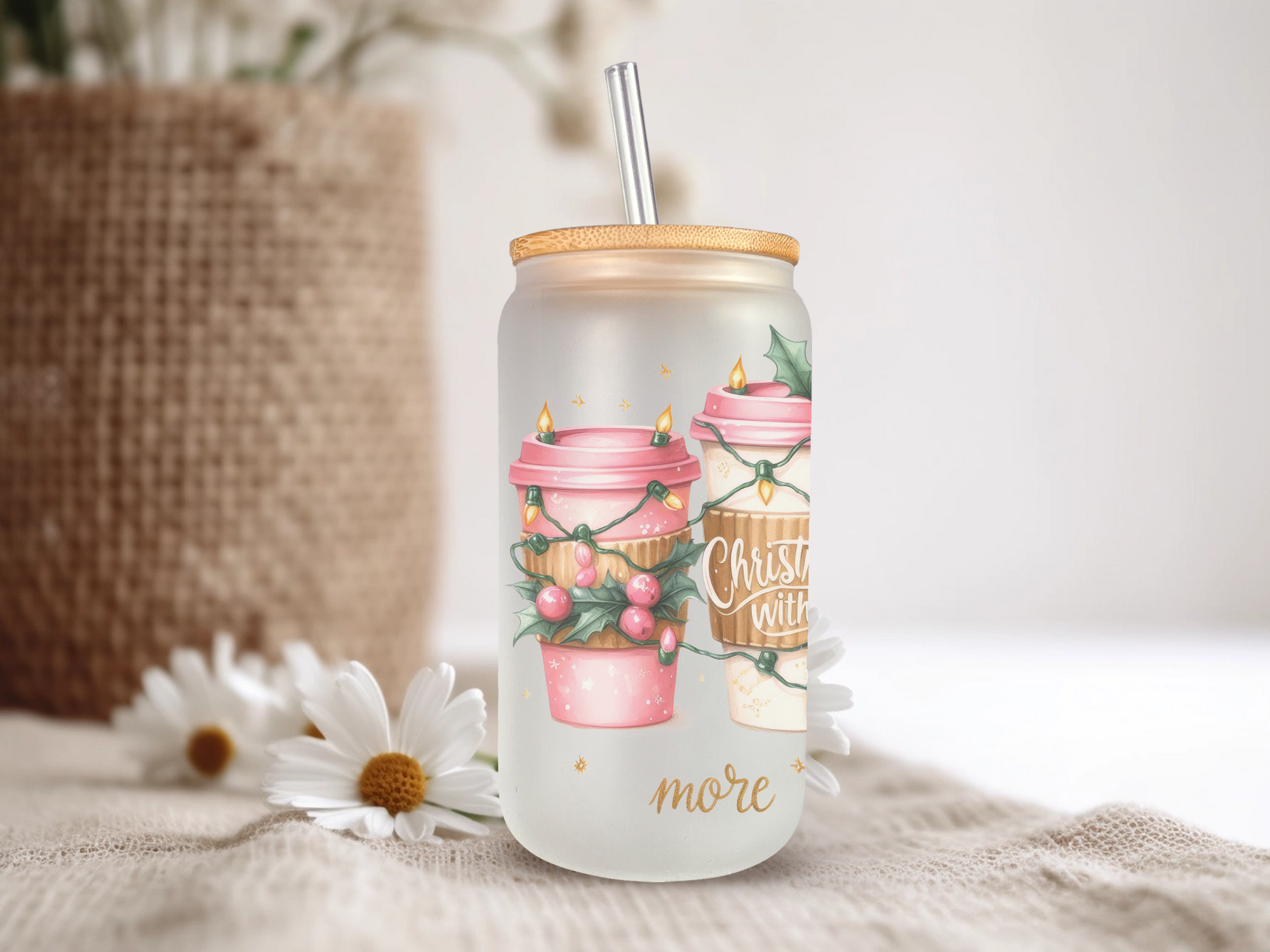 18oz Personalized  Frosted Glass Tumbler with Christmas with More Coffee #233