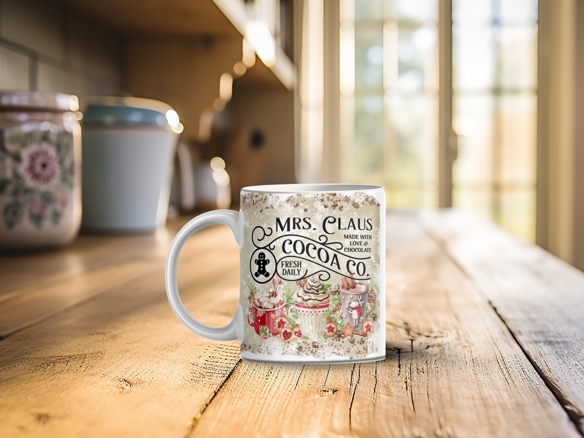 Personalized Ceramic Mug and Matching Coaster Set/11 oz or 15 oz Coffee Mug/Mrs. Claus Cocoa Company #146