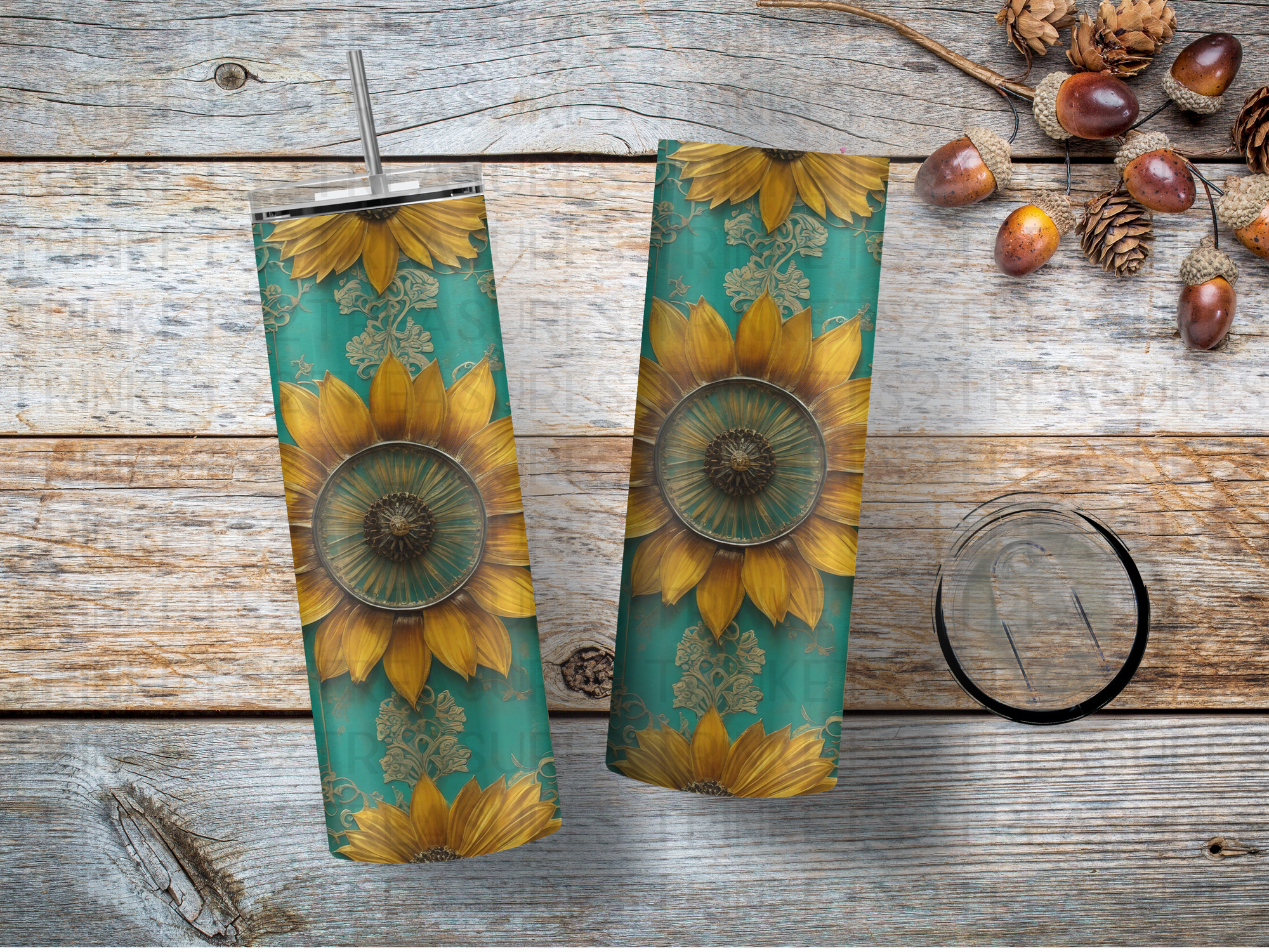 Personalized 20 oz Stainless Steel Tumbler with Metal Straw and Teal & Sunflowers #326