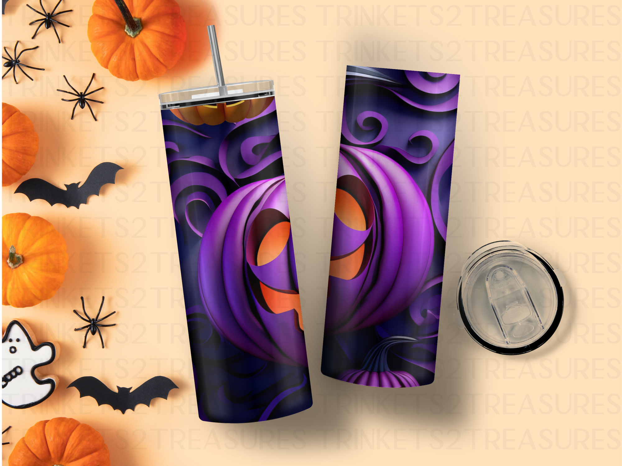 Personalized 20 oz Stainless Steel Tumbler with Metal Straw and Pumpkin Purple Delight Design #332