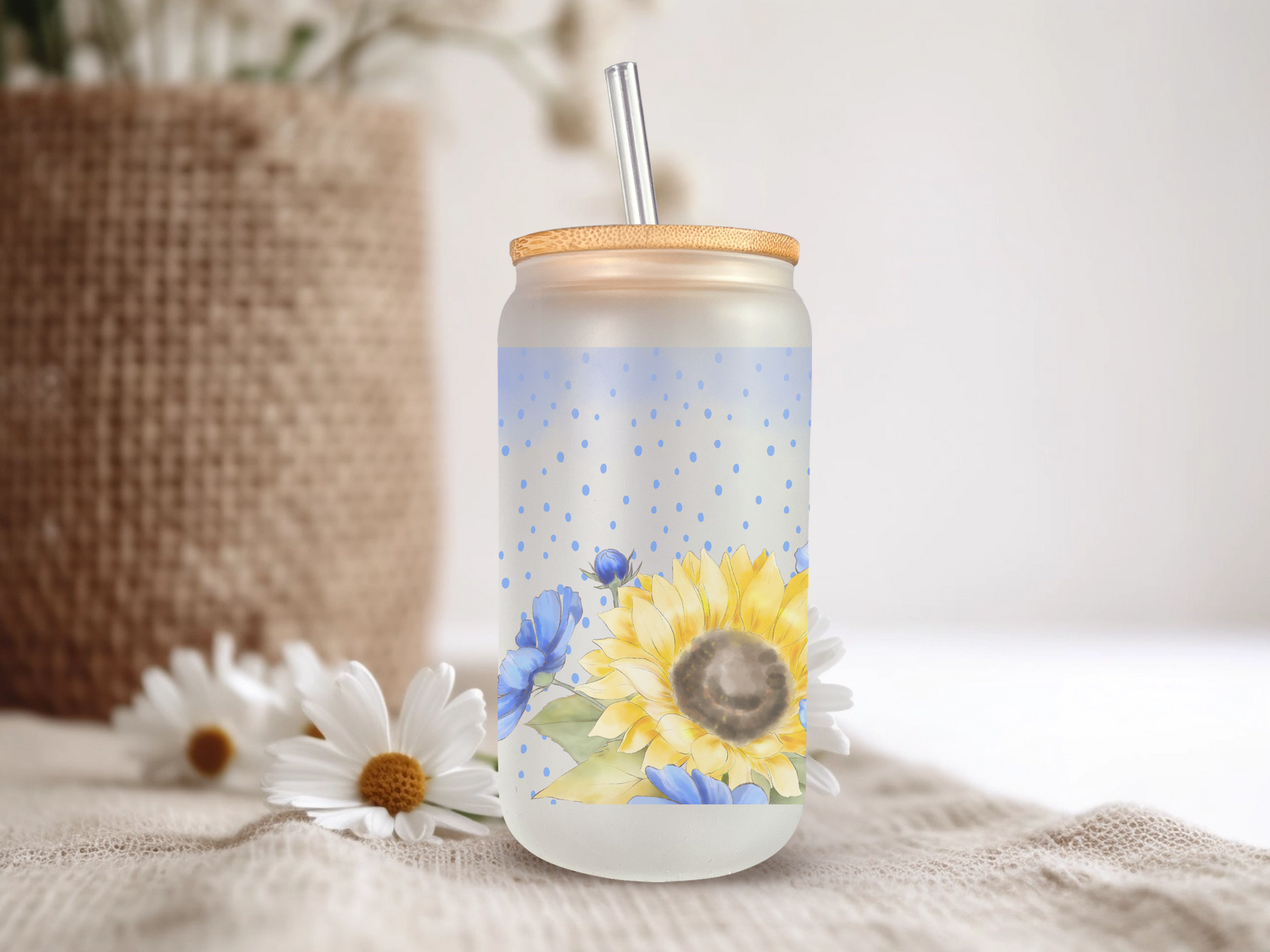 18oz Personalized  Frosted Glass Tumbler with Sunflowers & Blue Flowers #225