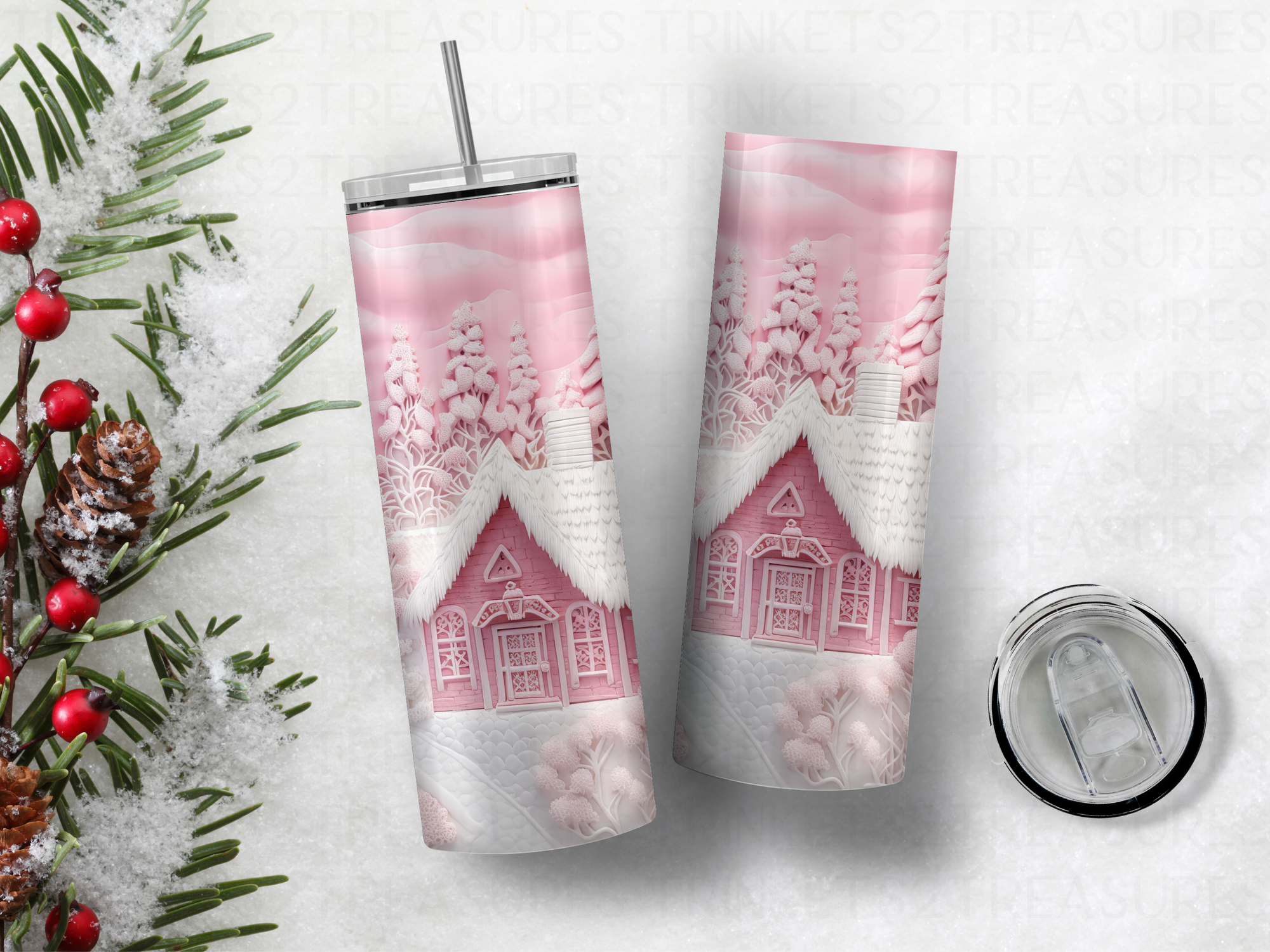 Personalized 20 oz Stainless Steel Tumbler with Metal Straw and Pink Wonderland Design #338