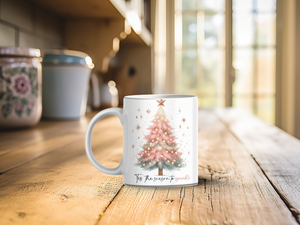 Personalized Ceramic Mug and Matching Coaster Set/11 oz or 15 oz Coffee Mug/Pink Christmas Tree #144