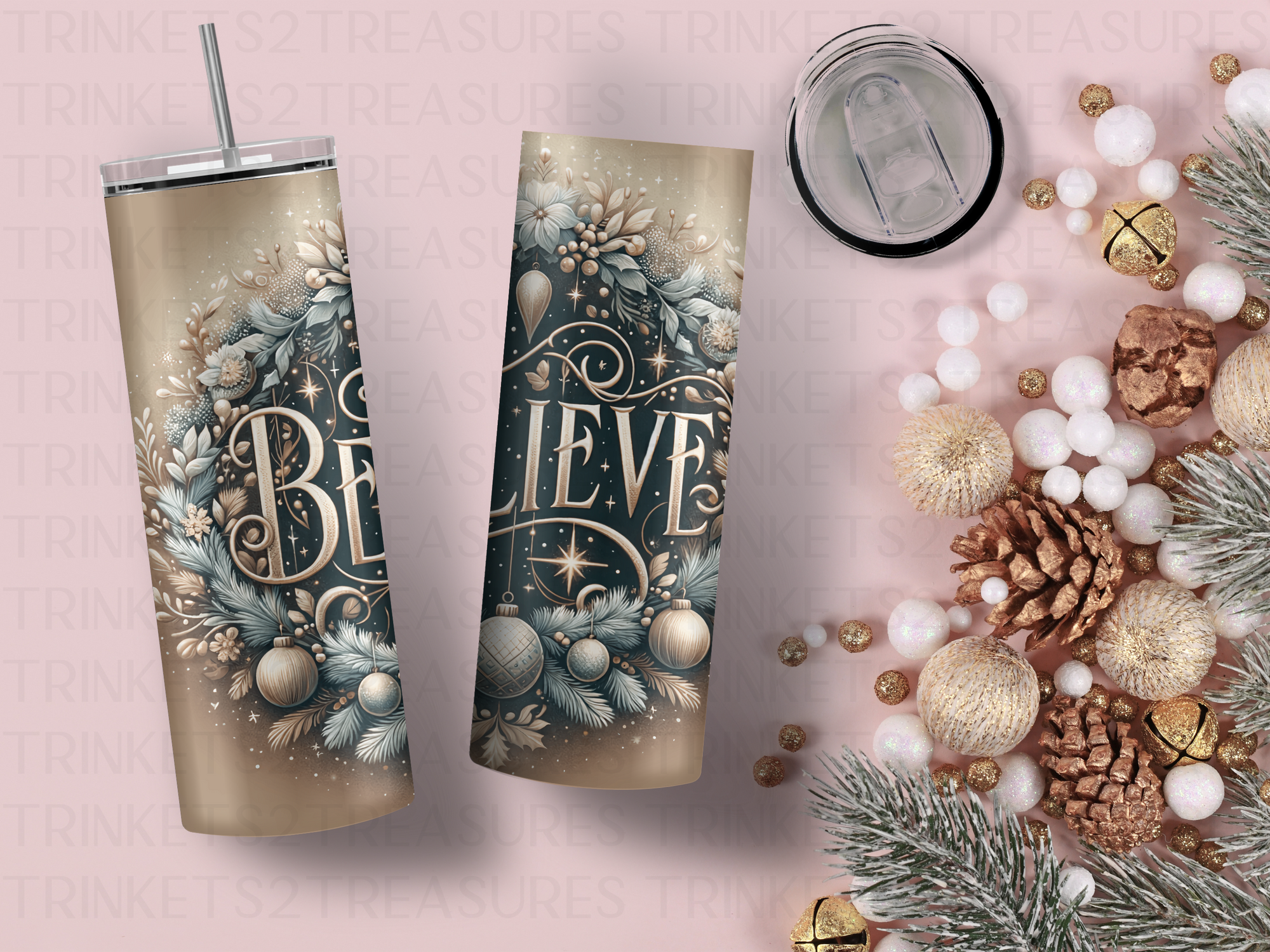 Personalized 20 oz Stainless Steel Tumbler with Metal Straw and Believe Christmas Design #321