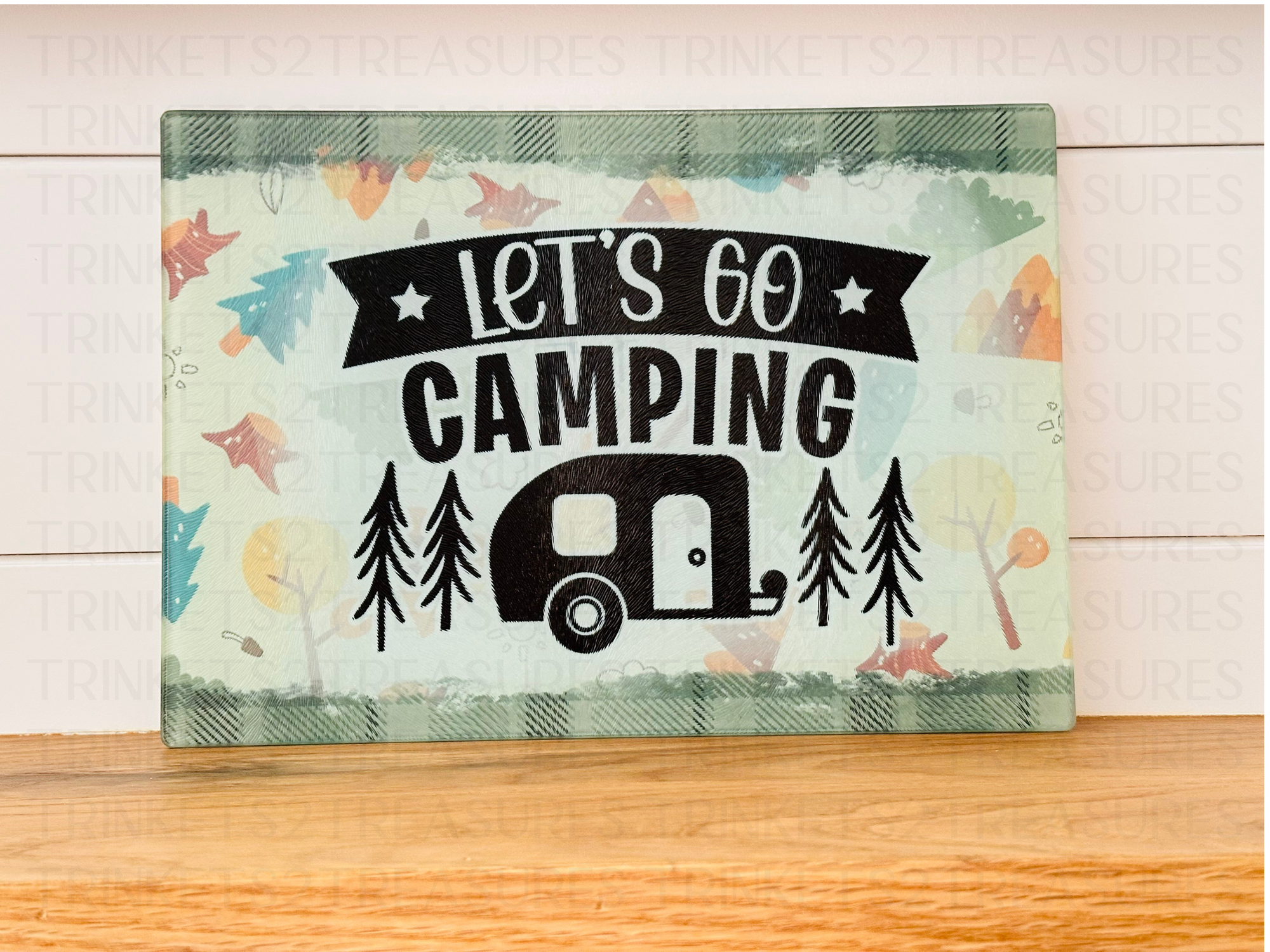 Personalized 8" x 11" Textured & Tempered Glass Cutting Board/Let's Go Camping/#611