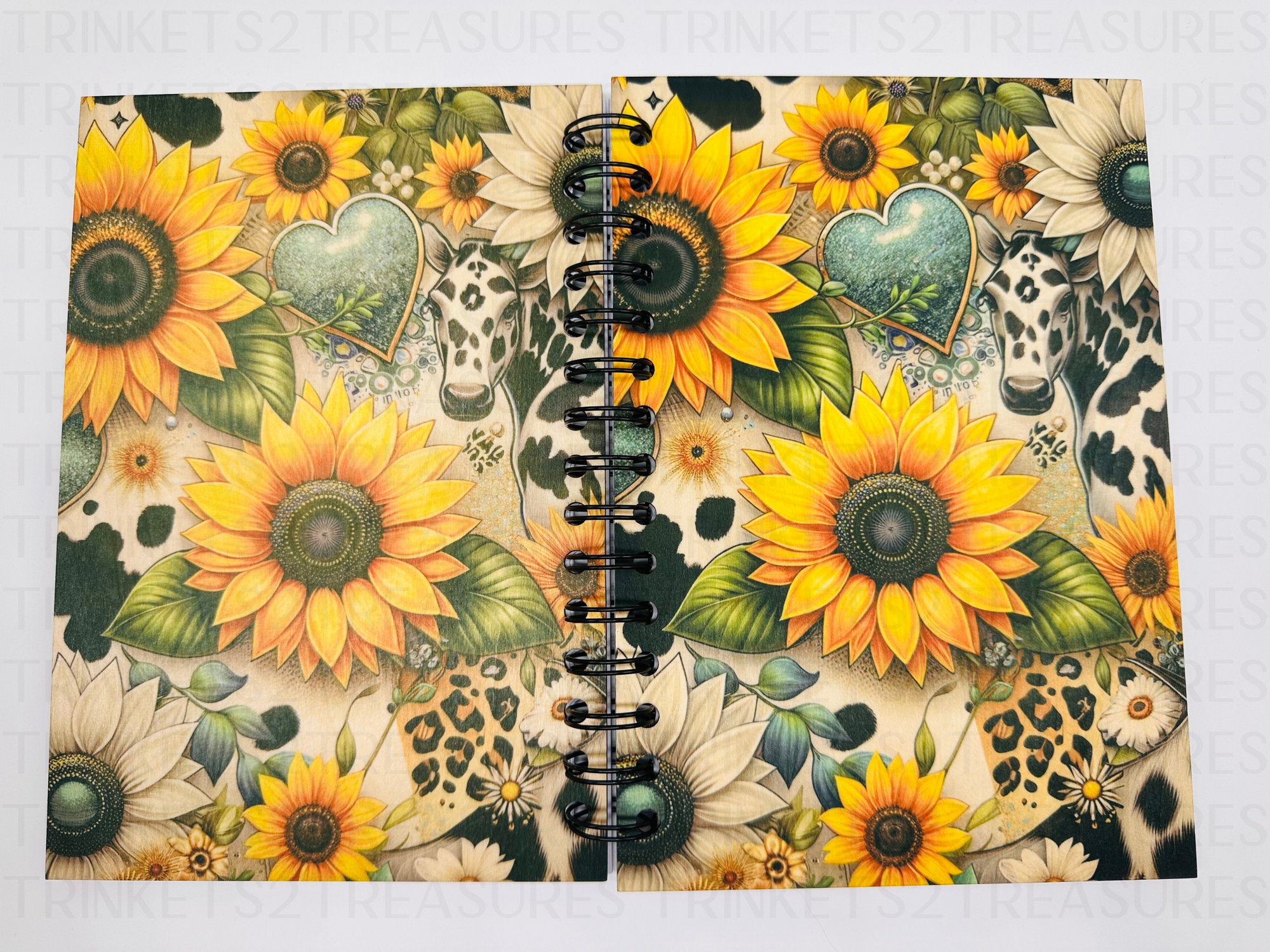 Personalized Sunflowers & Cows Wood Cover Notebook #1003