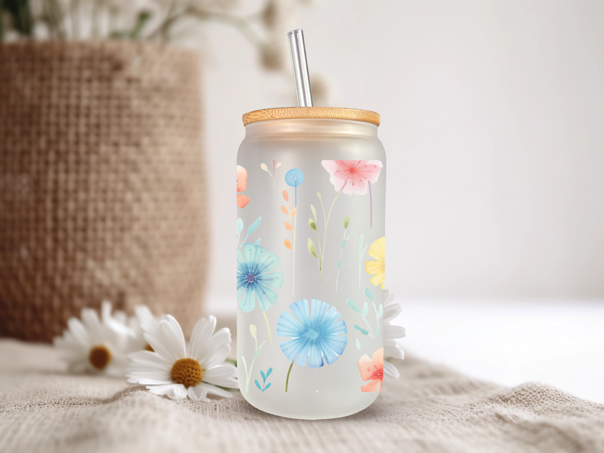 18oz PersonalizedFrosted Glass Tumbler with Bamboo Lid & Glass Straw/Watercolor Flowers #218