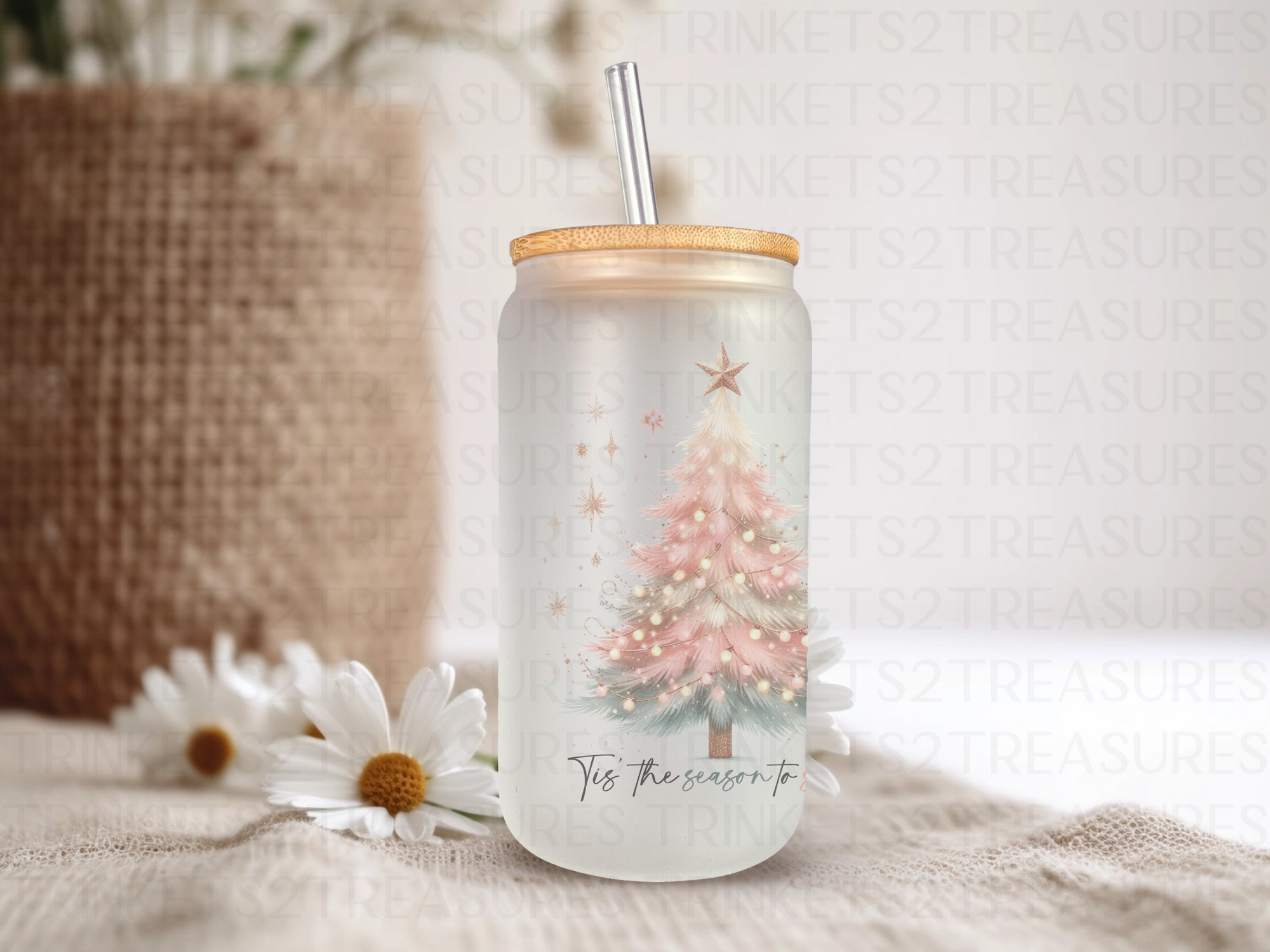 18oz Personalized  Frosted Glass Tumbler with Pink Christmas Tree #236