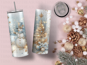 Personalized 20 oz Stainless Steel Tumbler with Metal Straw and Golden Snowman Design #343